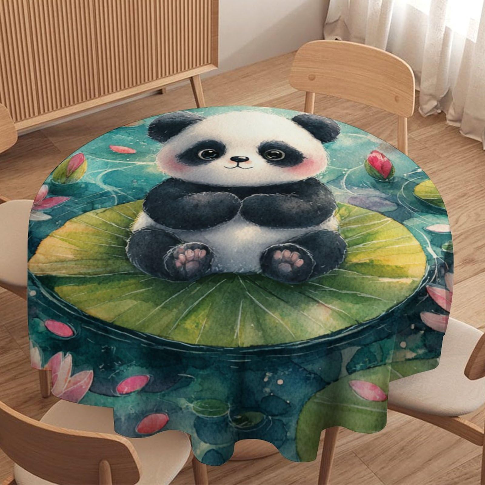 LUYYSKY Colorful Watercolor Cute Panda Round Tablecloth Rustic Cartoon Natural Lotus Flowers Animal Panda Fish Washable Decor for Table Cover for Kitchen-127 Wx127 L cm