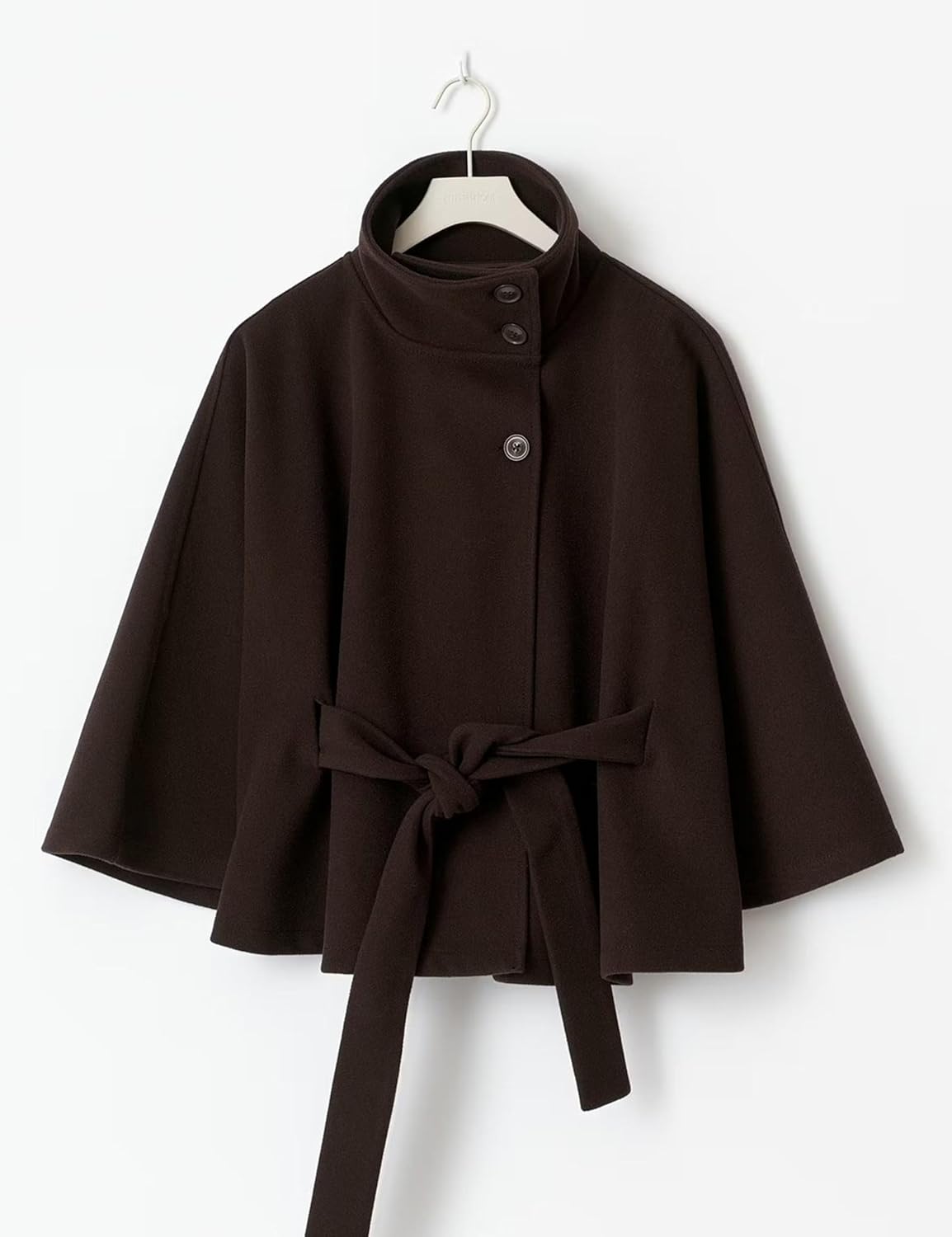 OPCAKM Women's Batwing Sleeve Poncho Coat Oversized Winter Pea Coat Stand Collar Cropped Cape Jacket with Belt - Image 4