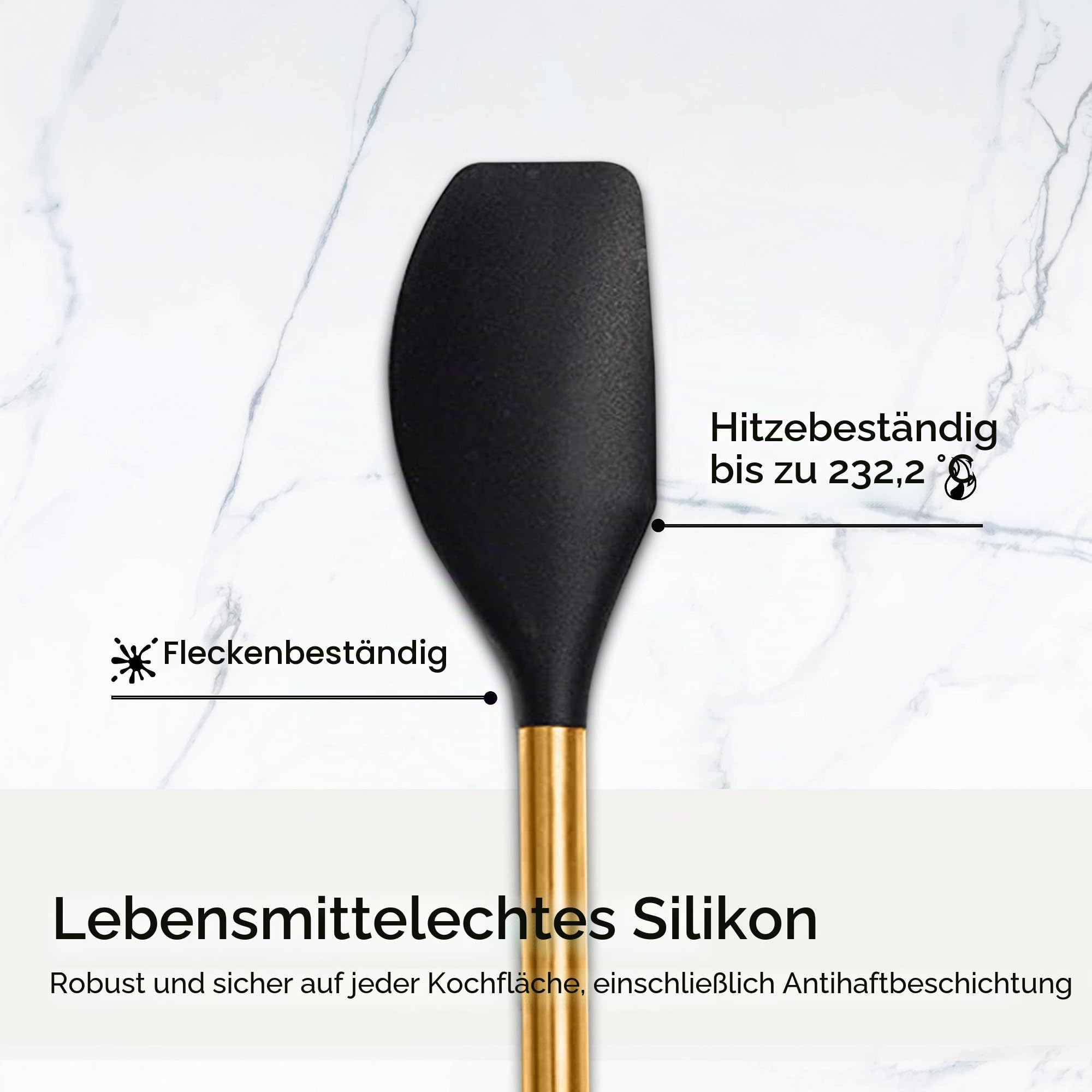 Schwarz-Goldenes Küchenutensilien-Set – 6-teiliges Silikon-Kochset mit Zange, Schneebesen, Löffel, Spatel und Wender – Stilvolle Küchenhelfer & Deko