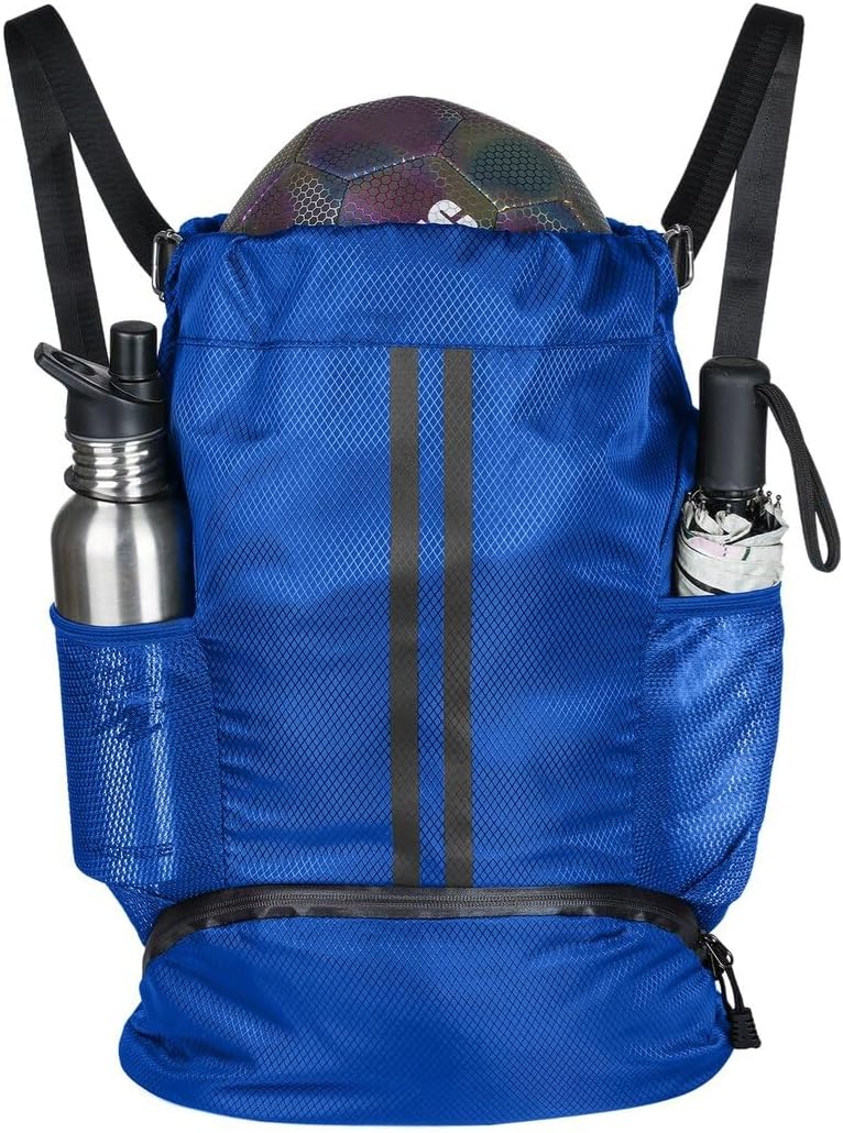 Soccer Bags, Waterproof Drawstring Gym Backpack with Wet and Dry Separation Bag & Separate Shoe Compartment, Basketball Football Volleyball Sports Backpack (Blue)