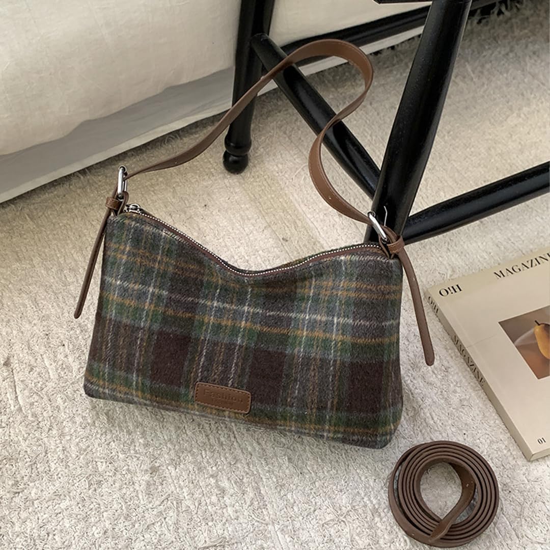 Harris Tweed Crossbody Bags for Women Vintage Plaid Shoulder Bag Fall Winter Purse Leather Tote Handbag for Work Travel