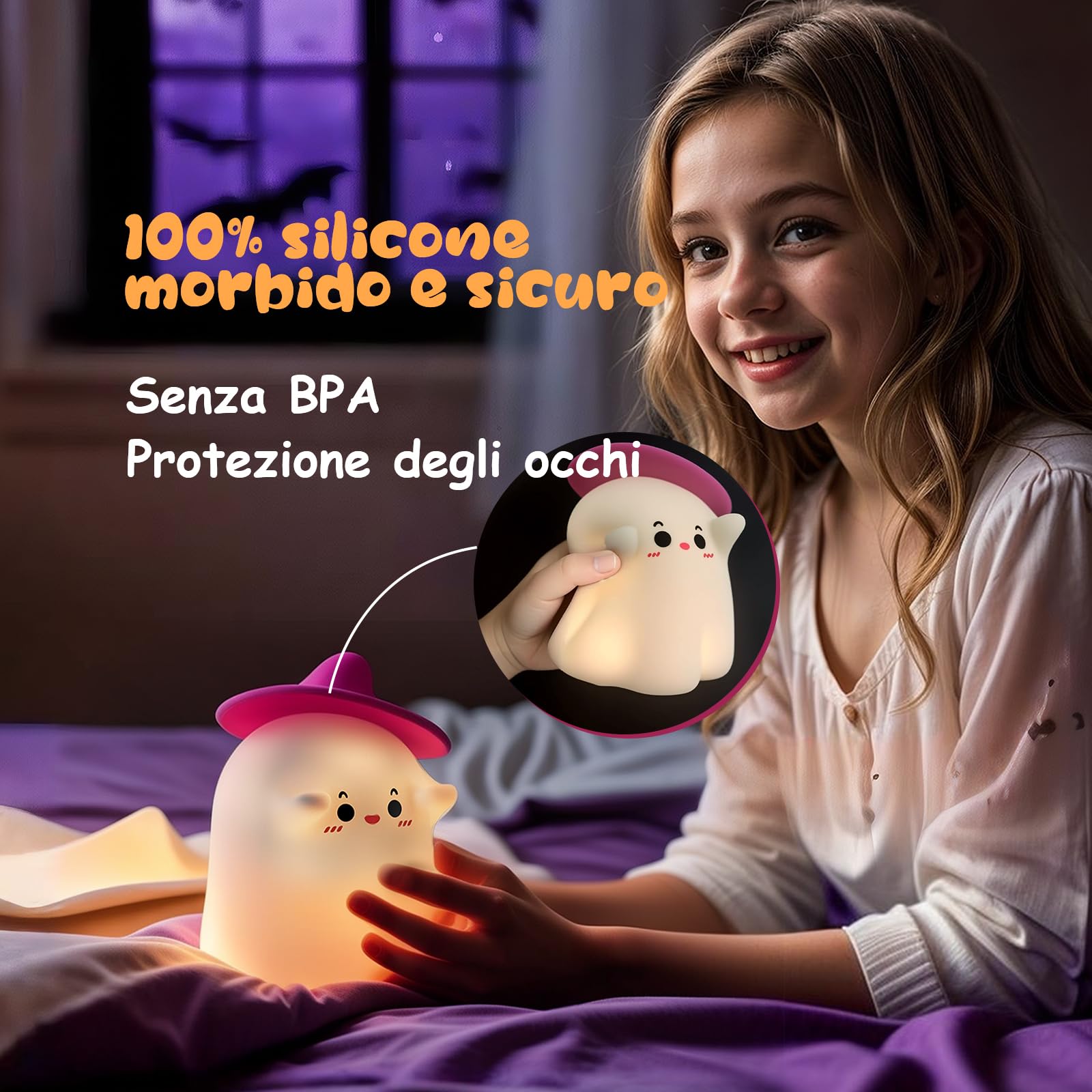 YISSVIC Halloween Decorazioni Fantasma Luce Notturna Bambino Halloween Silicone Ricaricabile Tipo C con Timer Regalo per Bambini