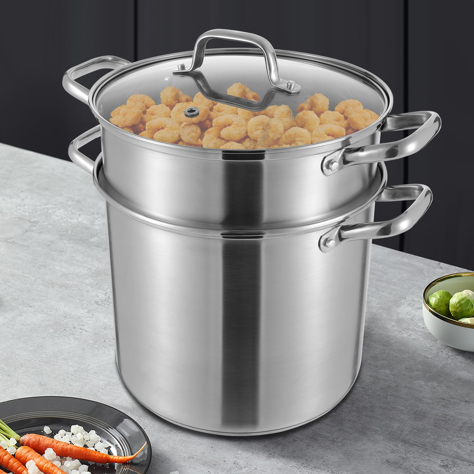 Olla grande de 8 L, de acero inoxidable con cesta de freír y al vapor, olla para sopa para cocinas de gas, cocinas de inducción, halógenas y eléctricas, apta para lavavajillas, 36,5 x 36,5 cm