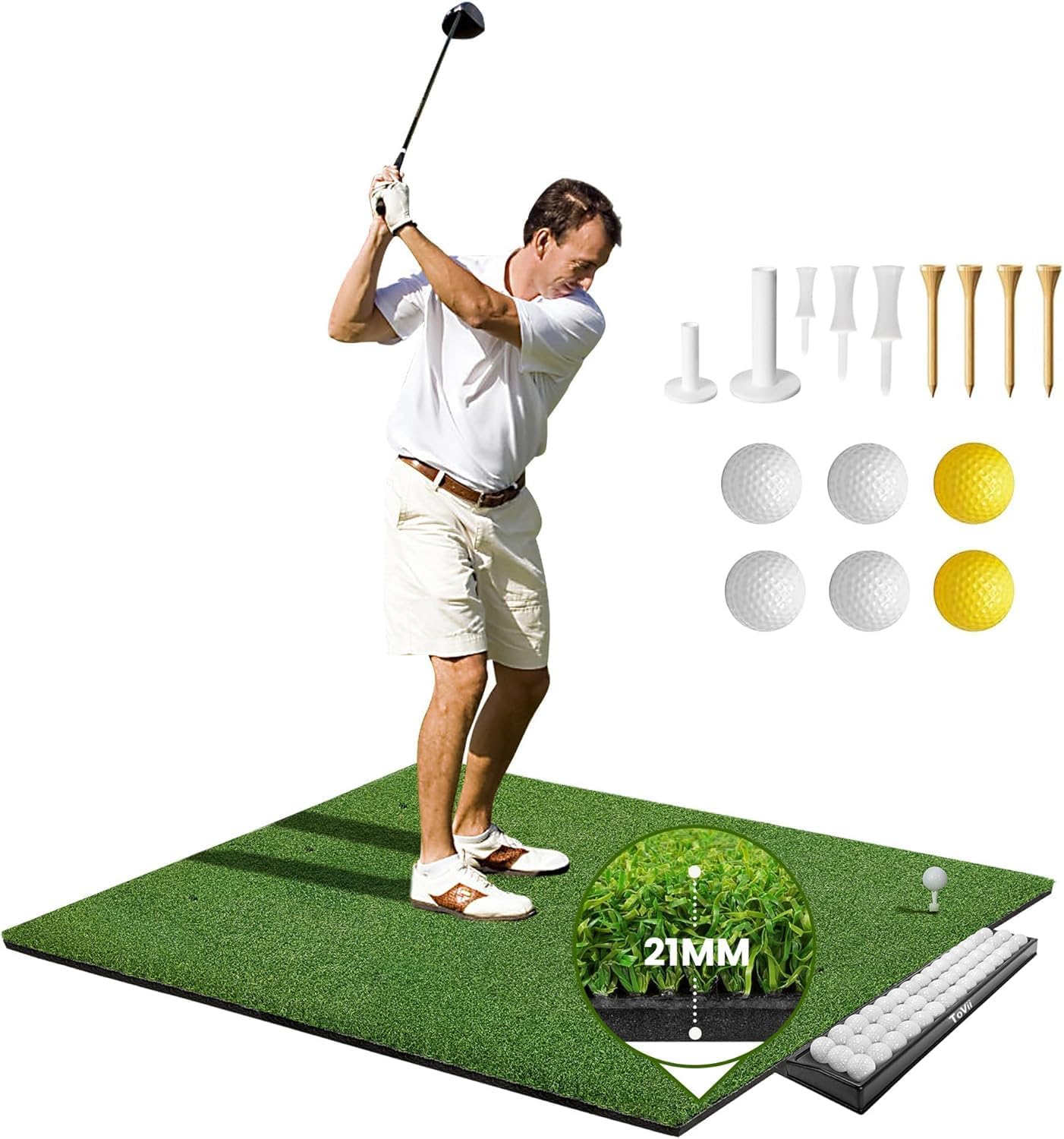 ToVii Golf Hitting Mat - 5x4ft Premium Artificial Turf Mat, Indoor/Outdoor Training, 2 Rubber Tees, 7 Golf Tees, 6 Golf Balls