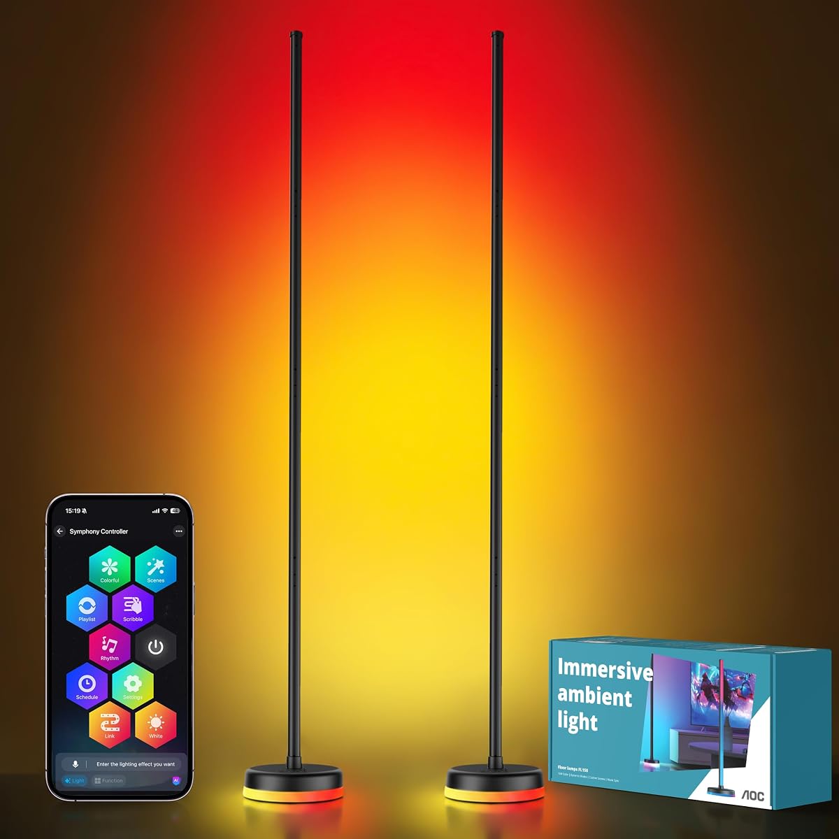 Lámpara de pie LED, 2 paquetes de lámpara de pie de esquina RGBICWW con base brillante | Aplicación y control remoto, 160 millones de colores, más de 68 escenas que cambian de color, iluminación ambiental para dormitorio, sala de estar, oficina en casa
