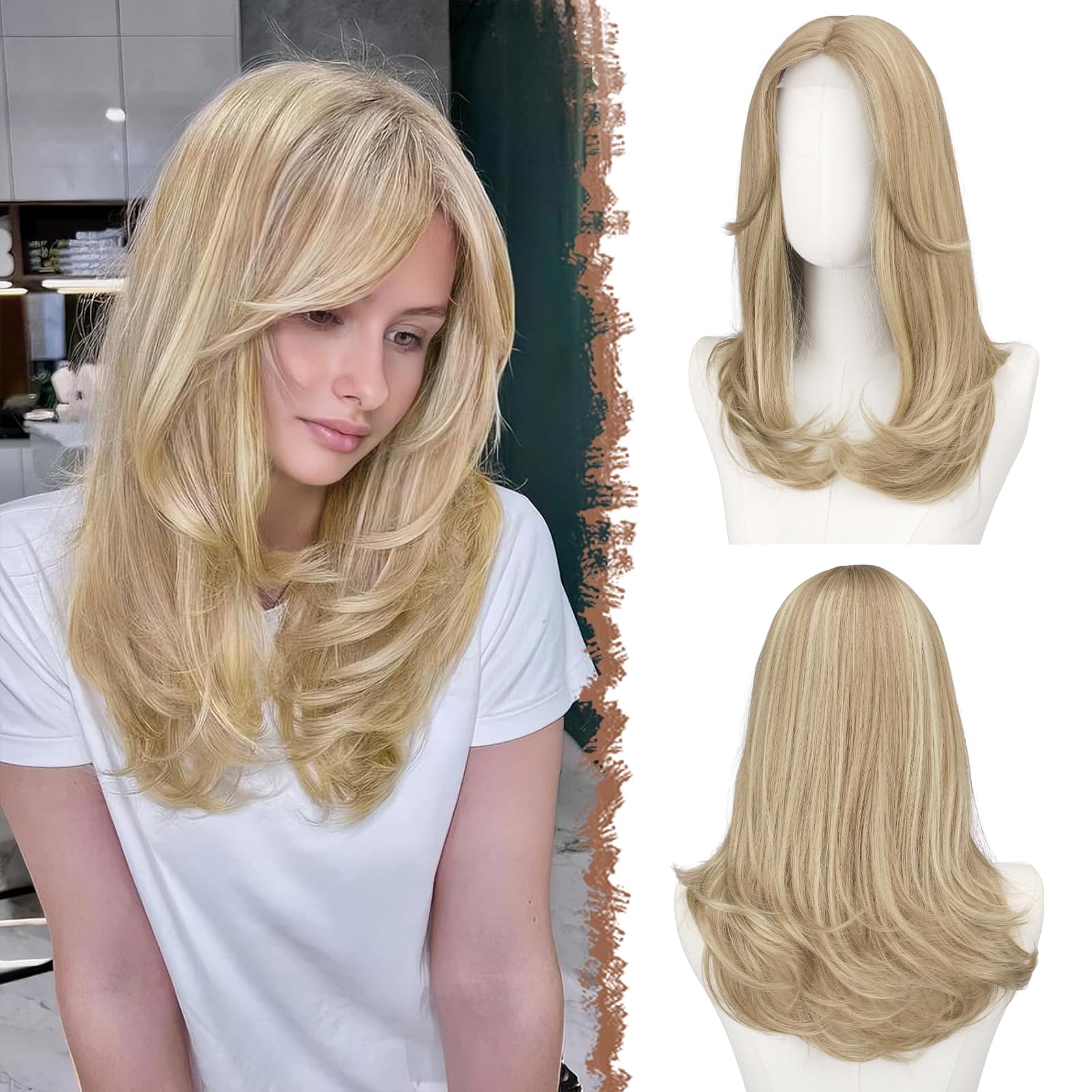 FESHFEN Lace Front Perücken mit Pony, 45 cm Lang Damen Perüc