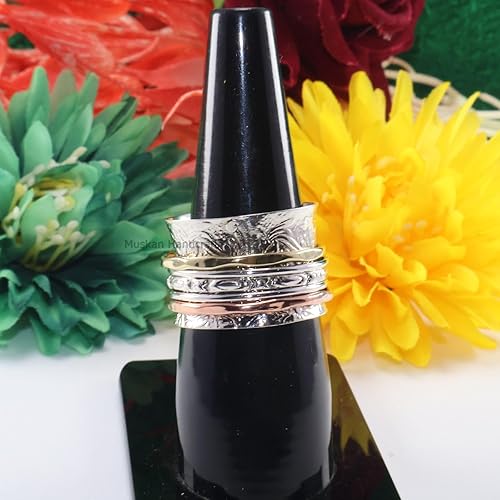 Miniatura 6 de Solid 925 Sterling Silver Flower Floral Three Tone Hammered Meditation Spinner Ring For WomenGirls