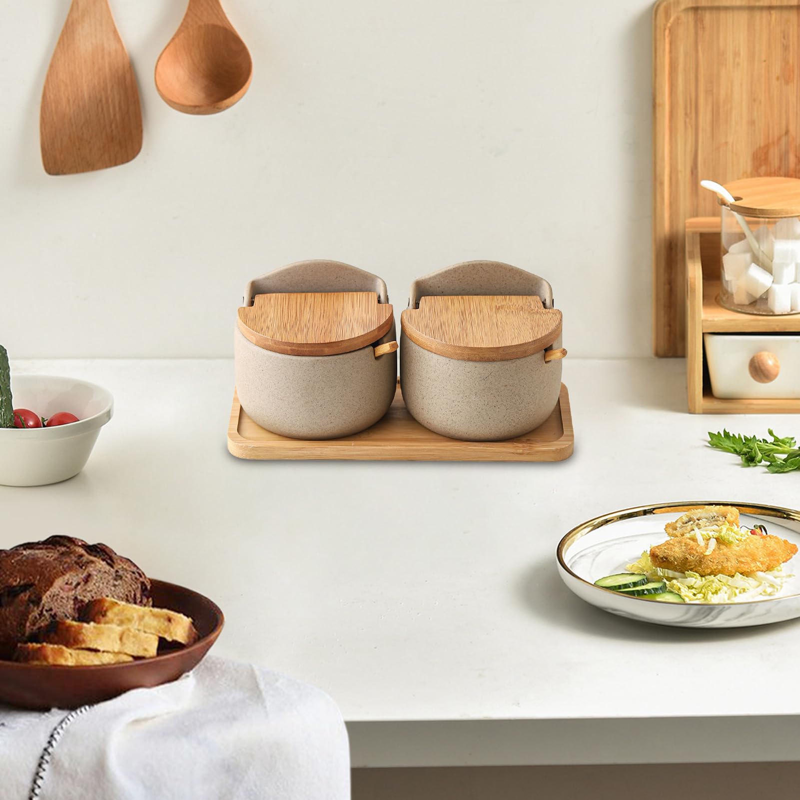 Cellar di Sal - Juego de tarros de cerámica de 22,8 x 10,8 cm, recipiente para tapa de madera, organizador de despensa | Cocina de doble compartimento con cuchara incluida, tarros de especias para