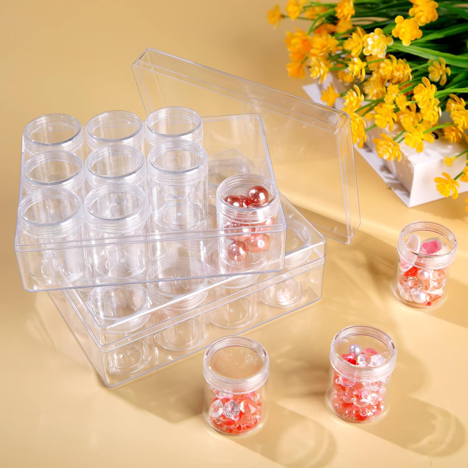 Xinnun 4 Pcs Bead Organizer Transparent Embroidery Bead Storage Containers with Lid Plastic Diamond Painting Storage for DIY Crafts Jewelry Earring Sewing Pills Nail Small Items, Clear (12 Grids)