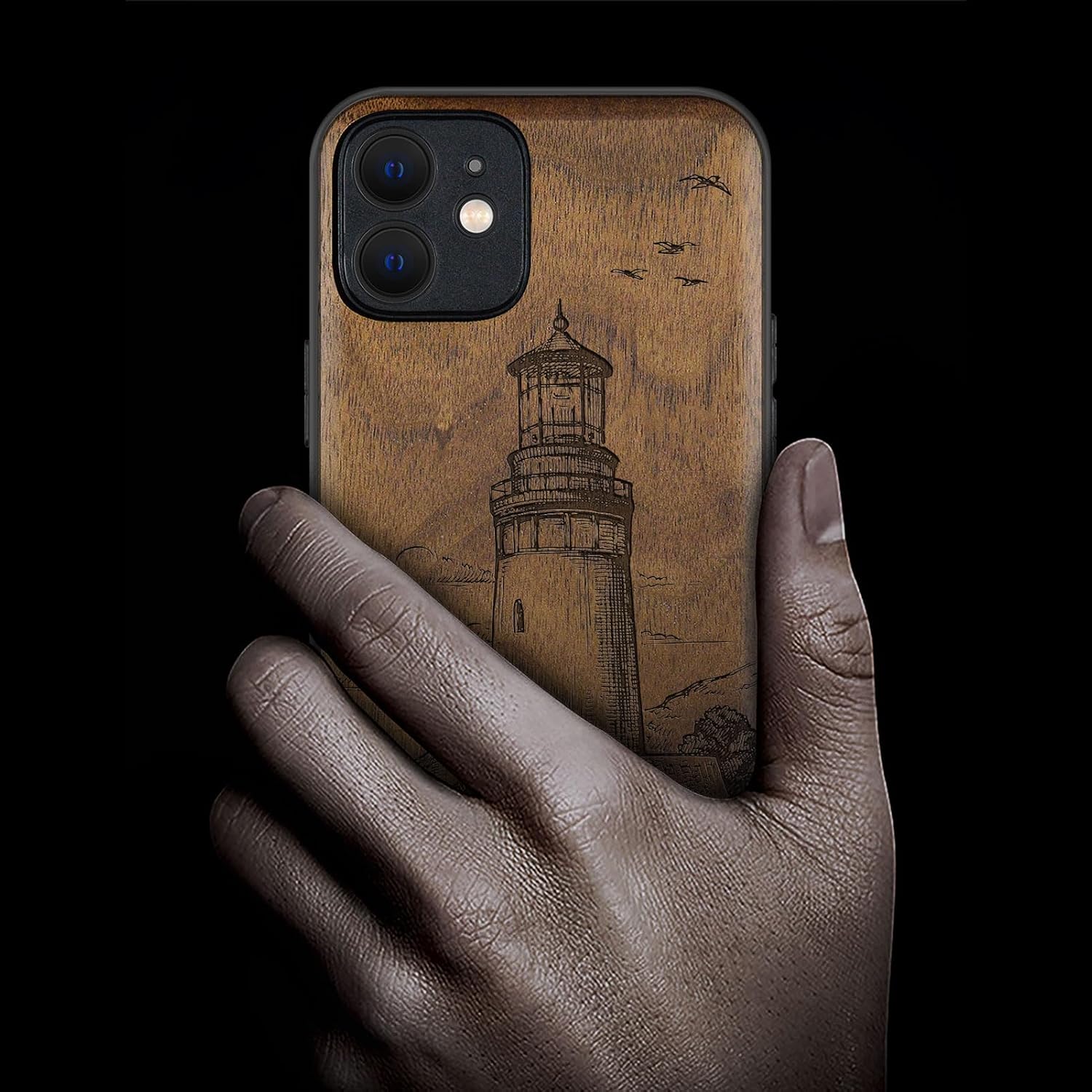 Carveit Magnetic Wood Case for iPhone 12 Case [Natural Wood & Black Soft TPU] Shockproof Protective Unique & Classy Wooden Cover Compatible with MagSafe (Lighthouse -Walnut)