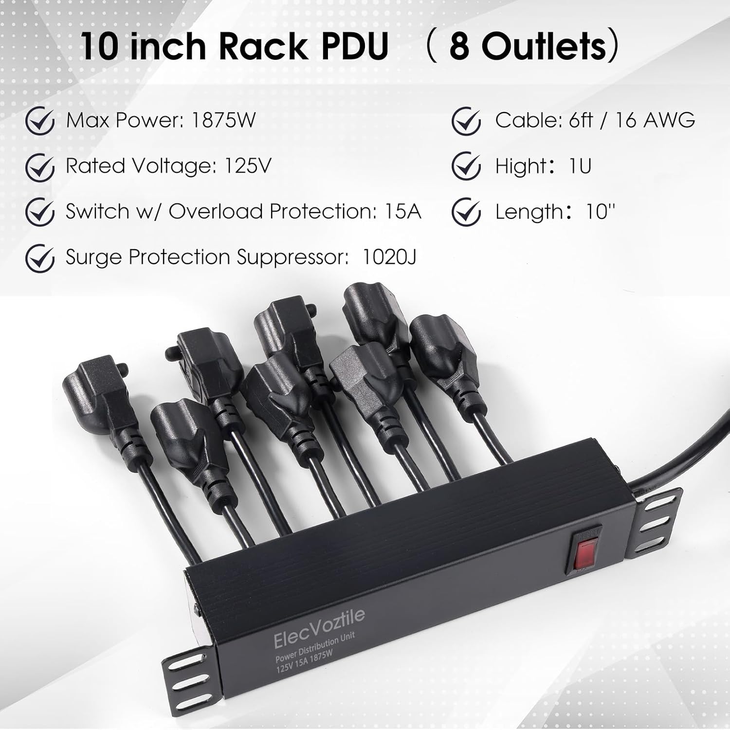 10 inch Rack PDU, 8 Rear Outlets, 1020J Surge Protection &15A Overload Switch, 1U Rackmount, Rack PDU Power Strip for 10-inch Mini Server Network Cabinets/Rack/Self, 6ft Cable