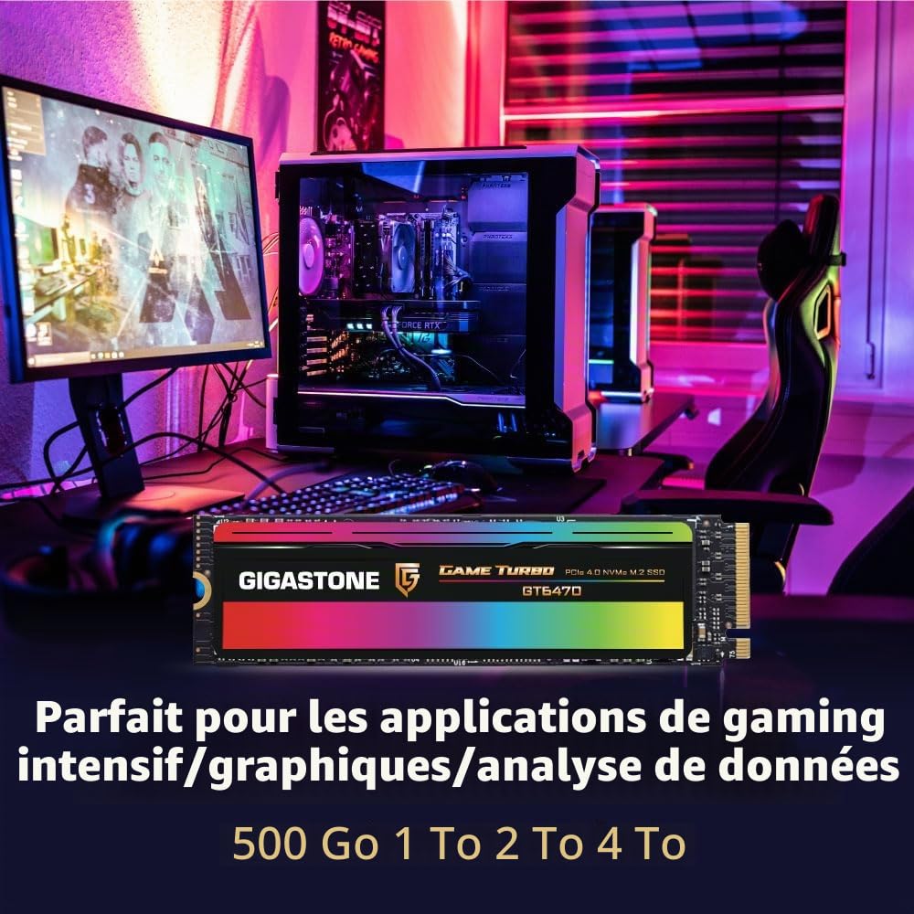 Gigastone SSD NVMe 1To M.2 2280 PCIe Gen4, jusqu'à 7,300 Mo/s pour PS5 Ordinateur Portable et de Bureau, internes Disque Dur ssd 3D NAND SLC Cache Les Passionnés de PC Les Joueurs GT6470