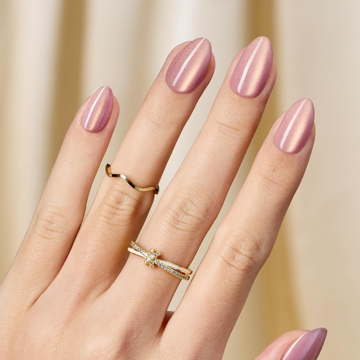 Beetles Motion Glow Cat Eye Press On, Short Almond Press On Nails Kit with Fast-Dry Nail Glue & Adhesive Tabs, 32pcs 16 Sizes, Girls Stick On Nails for Women Rose Glow