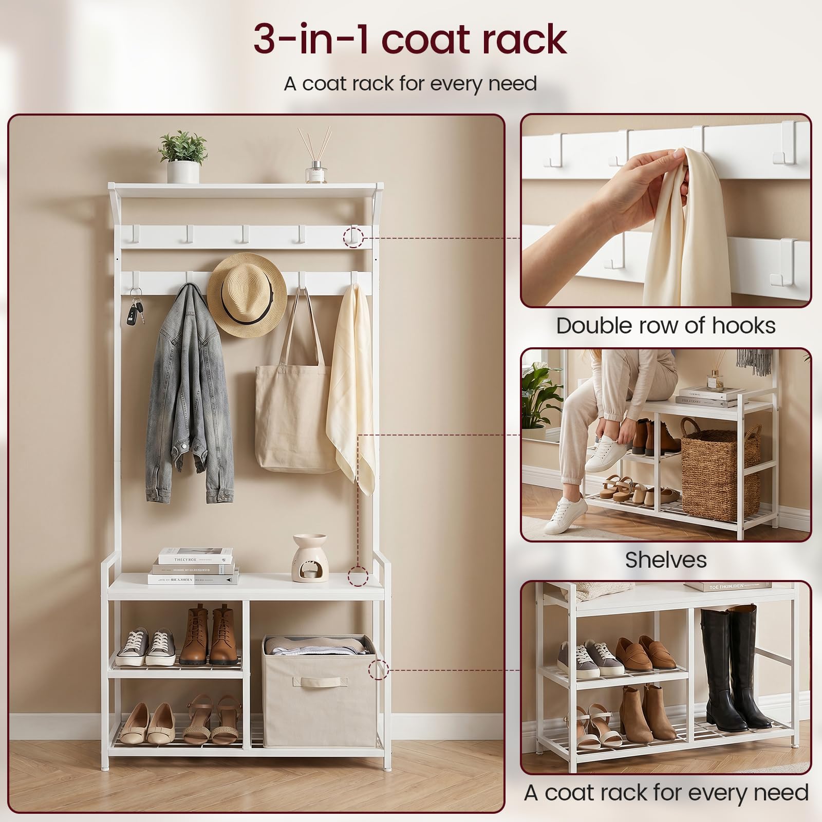 EGGREE Porte Manteau Entrée avec Rangement Chaussures, Meuble d’Entrée Blanc avec 10 Crochets Amovibles, Étagères et Kit Anti-Basculement, Portemanteau pour Couloir Chambre Dressing, 84 x 30 x 182 cm