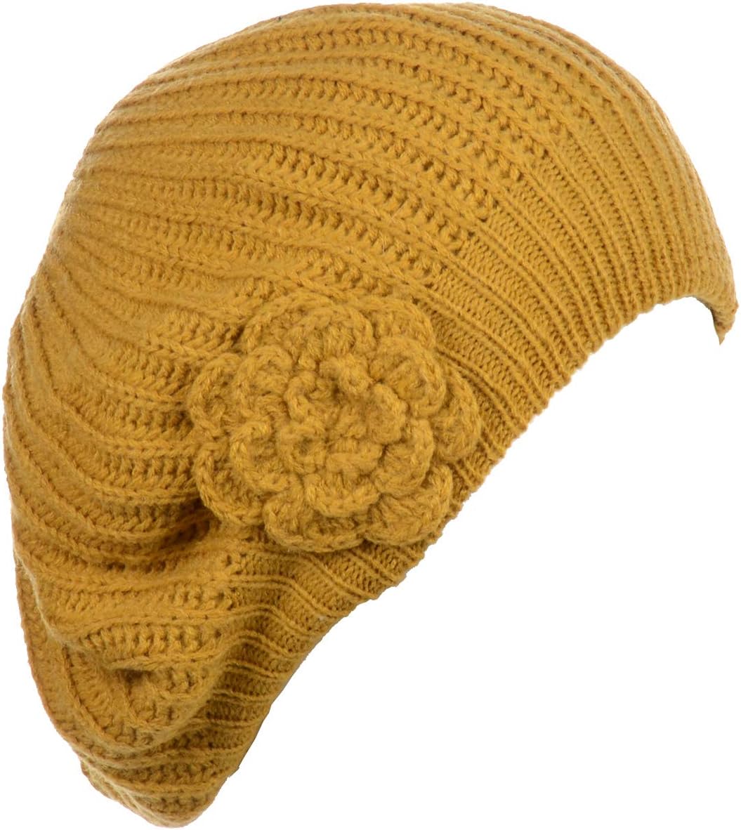 BYOS Ladies Winter Solid Chic Slouchy Ribbed Crochet Knit Beret Beanie Hat W/WO Flower Adornment