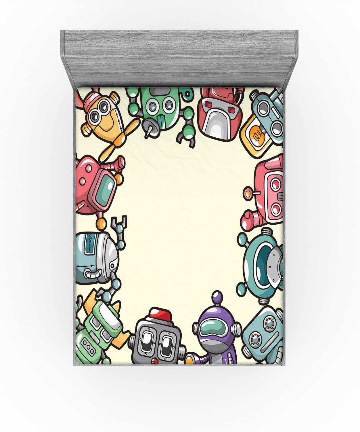 Ambesonne Party Fitted Sheet, Friendly Robot Characters Circle Futuristic Sci Fi Machines, Bed Cover with All-Round Elastic Deep Pocket for Comfort, Queen Size, Multicolor