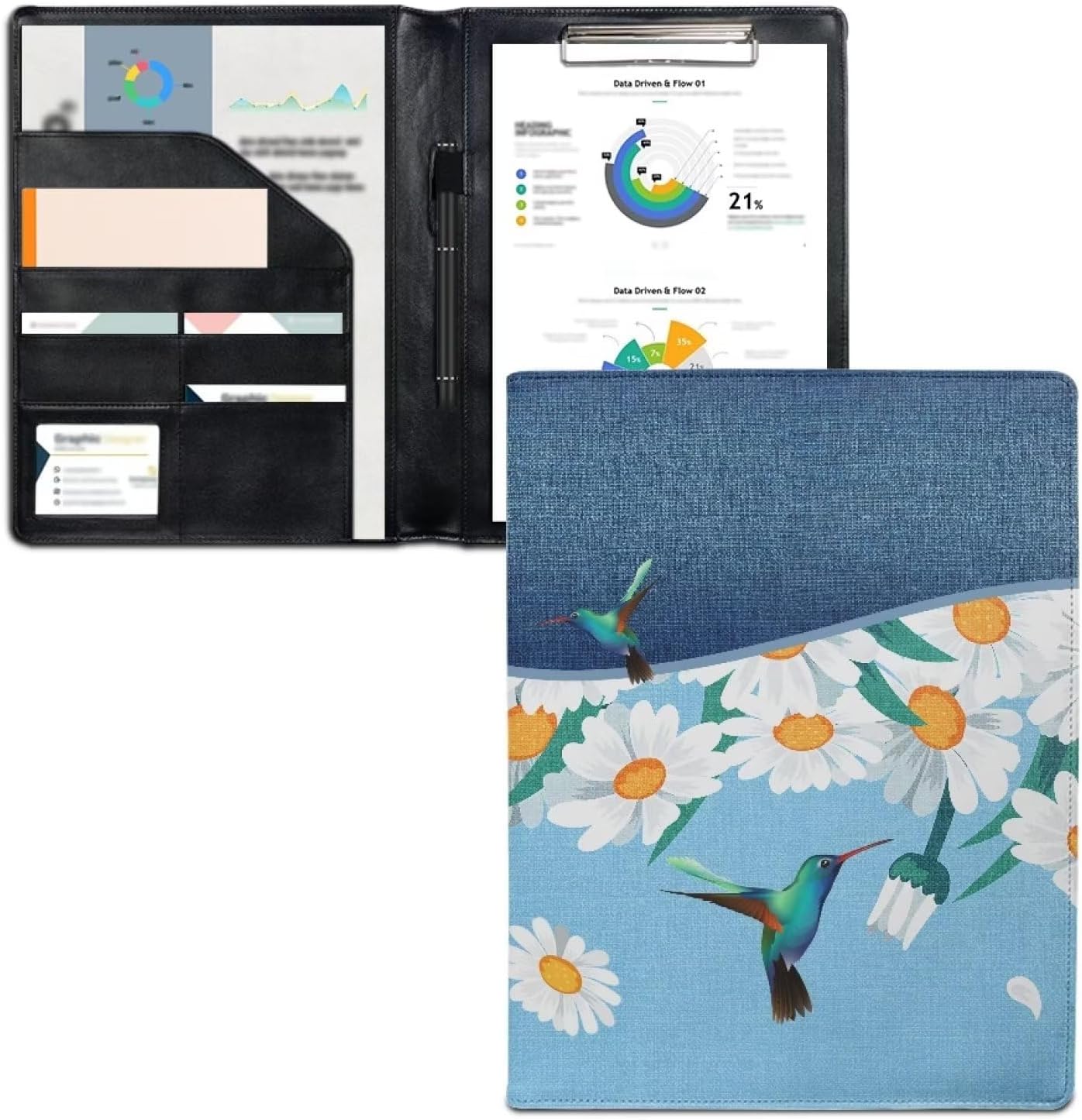 Hummingbirds Daisy Clipboard Folder Padfolio, Business/Resume Portfolio Folder, PU Leather Clipboard Clip Interview/Conference Document Portfolio Organizer