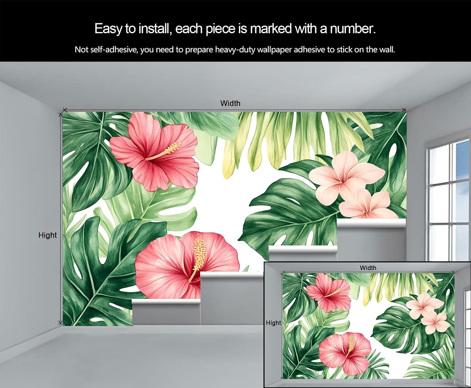 Red Floral Wallpaper, Tropical Wallpaper for Bedroom, Monstera Mural & Home Decor, 3D Wall Murals for Living Room 78" x 55" (Not Peel and Stick)