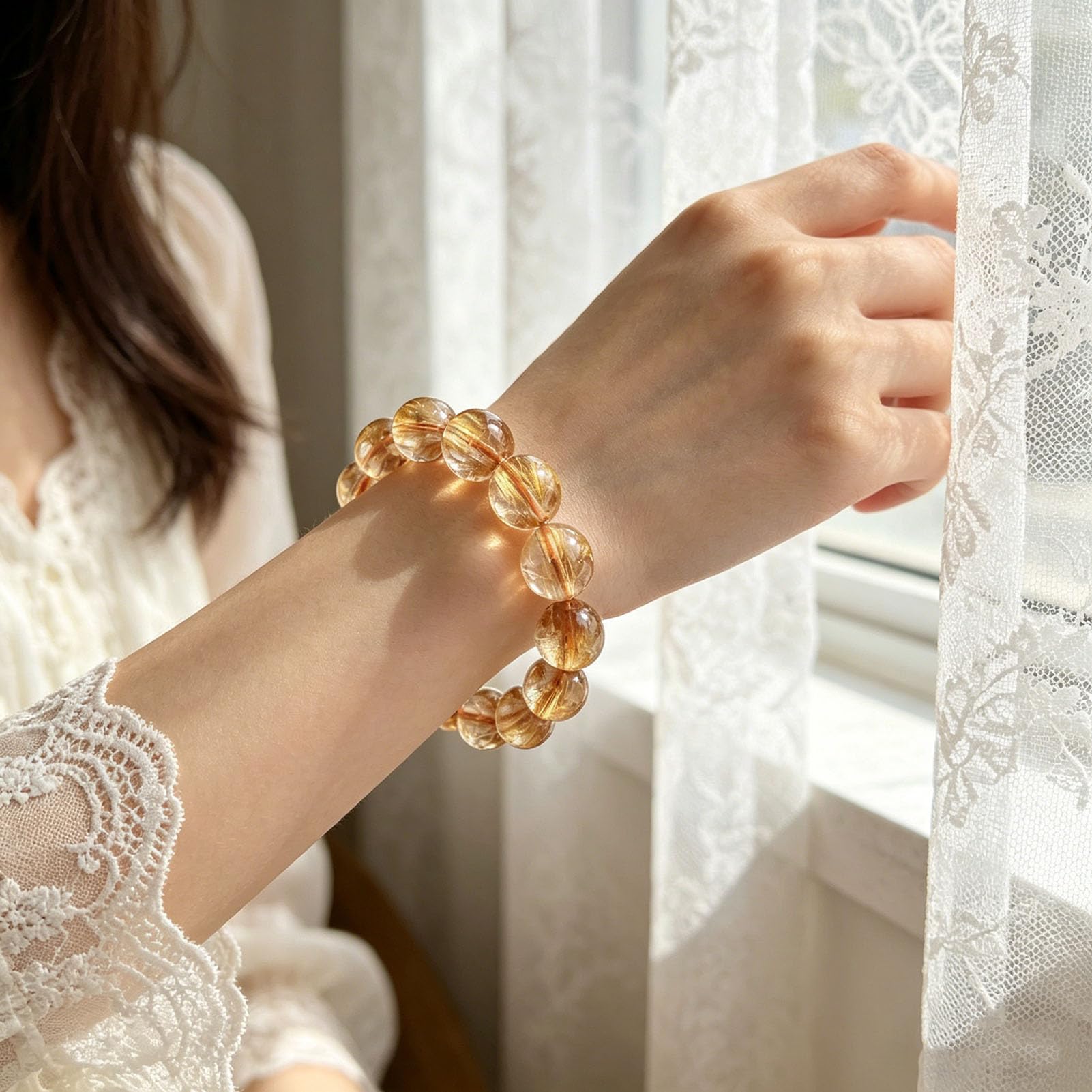 Natürliches Citrin- und Gold-Rutilquarz-Armband für Damen und Herren, echte Kristall-Heilperlen, Verstellbarer Stretch-Steinschmuck für Fülle, Reichtum, Positivität und Chakra,7MM