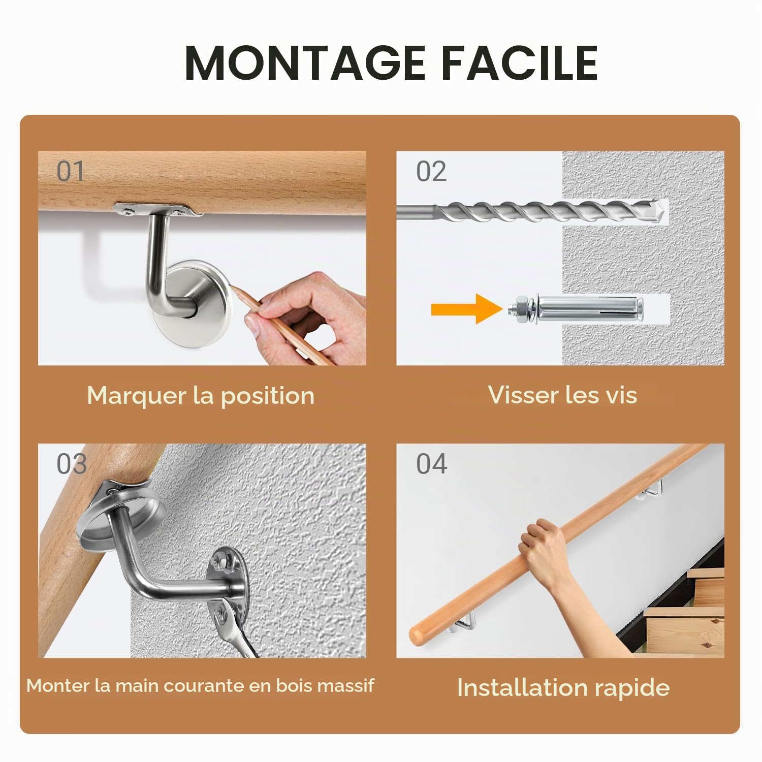 Main courante en bois de hêtre - 80 cm - Rampe d'escalier murale - Avec support mural et embouts, main courante ronde de 42 mm de diamètre - Antidérapante - Pour escaliers, balcon