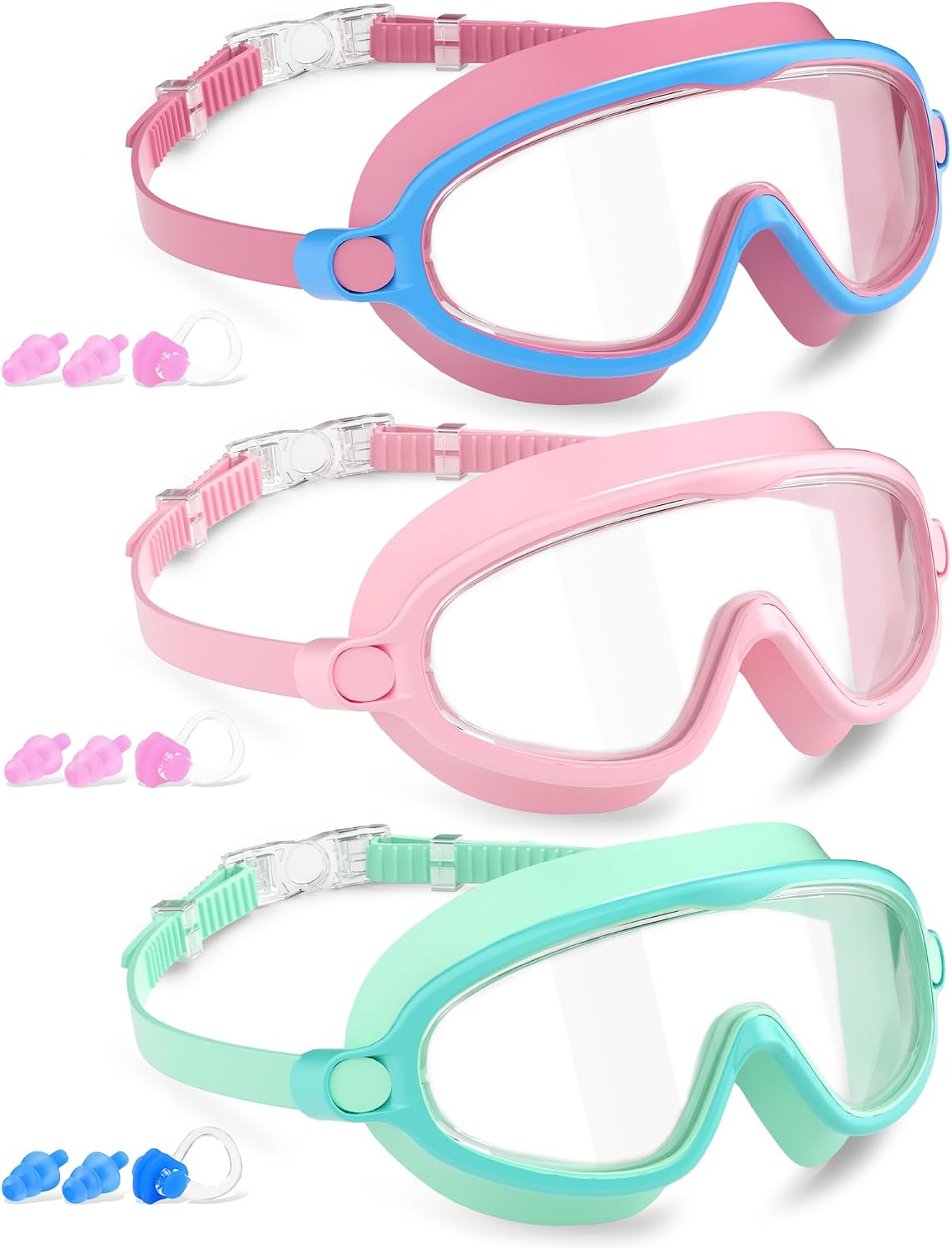 COOLOO Kids Swimming Goggles for Age 4-14, 3 Pack Kids Goggles Boys Girls | Anti Fog, No Hair Snags, 180° Wide View, Leak-Proof, Lightweight, Adjustable Head Strap