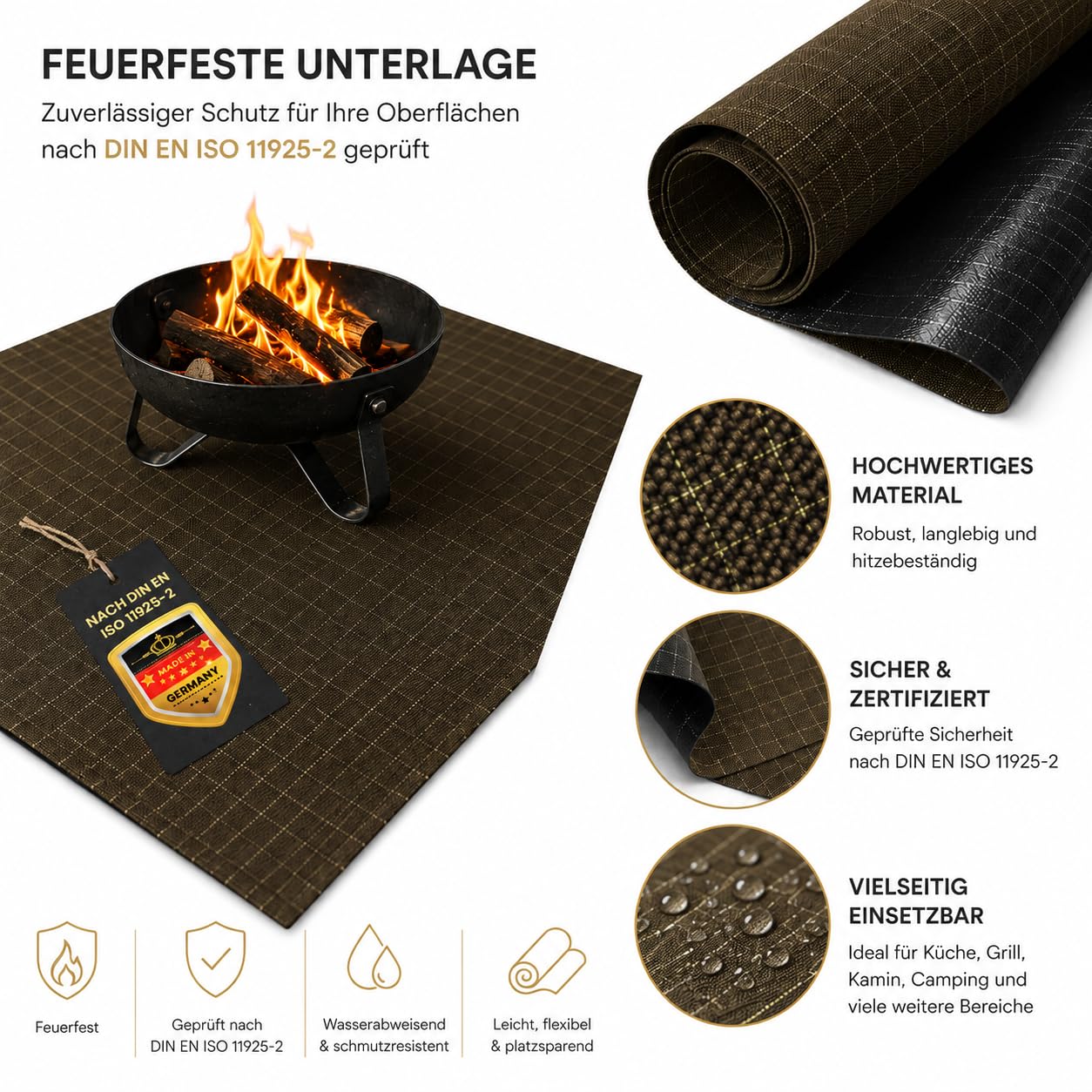 FireMat Gold Edition 75x40cm. Feuerfeste Unterlage, Hitzebeständige Unterlage, Brandschutz Unterlage Outdoor geeignet, rutschfest, Wasserdicht - für Elektrogeräte wie Kaffeemaschinen, Wasserkocher