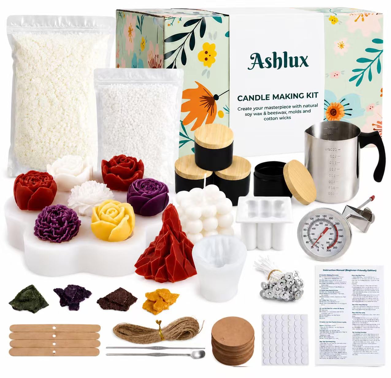 Ashlux Kit per realizzare candele con cera di soia e cera d'api, accessori fai da te, include coloranti colorati, stampi, termometro a quadrante, facile per adulti e principianti, ideale per arte