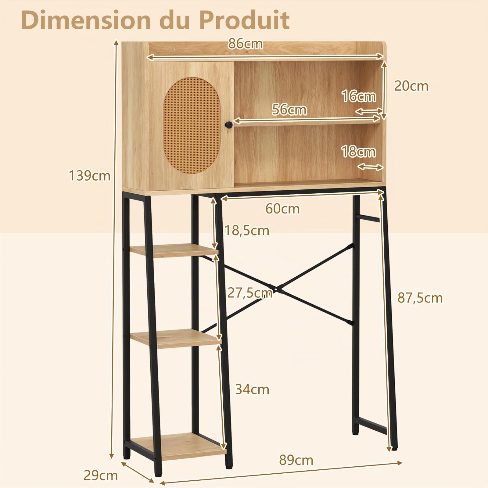 COSTWAY Armoire de Rangement Au-Dessus des Toilettes, Organisateur de Salle de Bain, Meuble WC Porte en Rotin PE, Etagères de Rangement Ouvertes et Réglables, pour Buanderie, Salle de Bain
