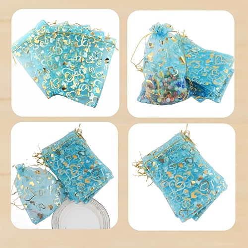 Miniatura 5 de 5 x 7 pulgadas 100 piezas corazón flor organza joyería bolsa de regalo bolsa de caramelo bolsa cordón boda favor bolsas P835 (corazón turquesa)