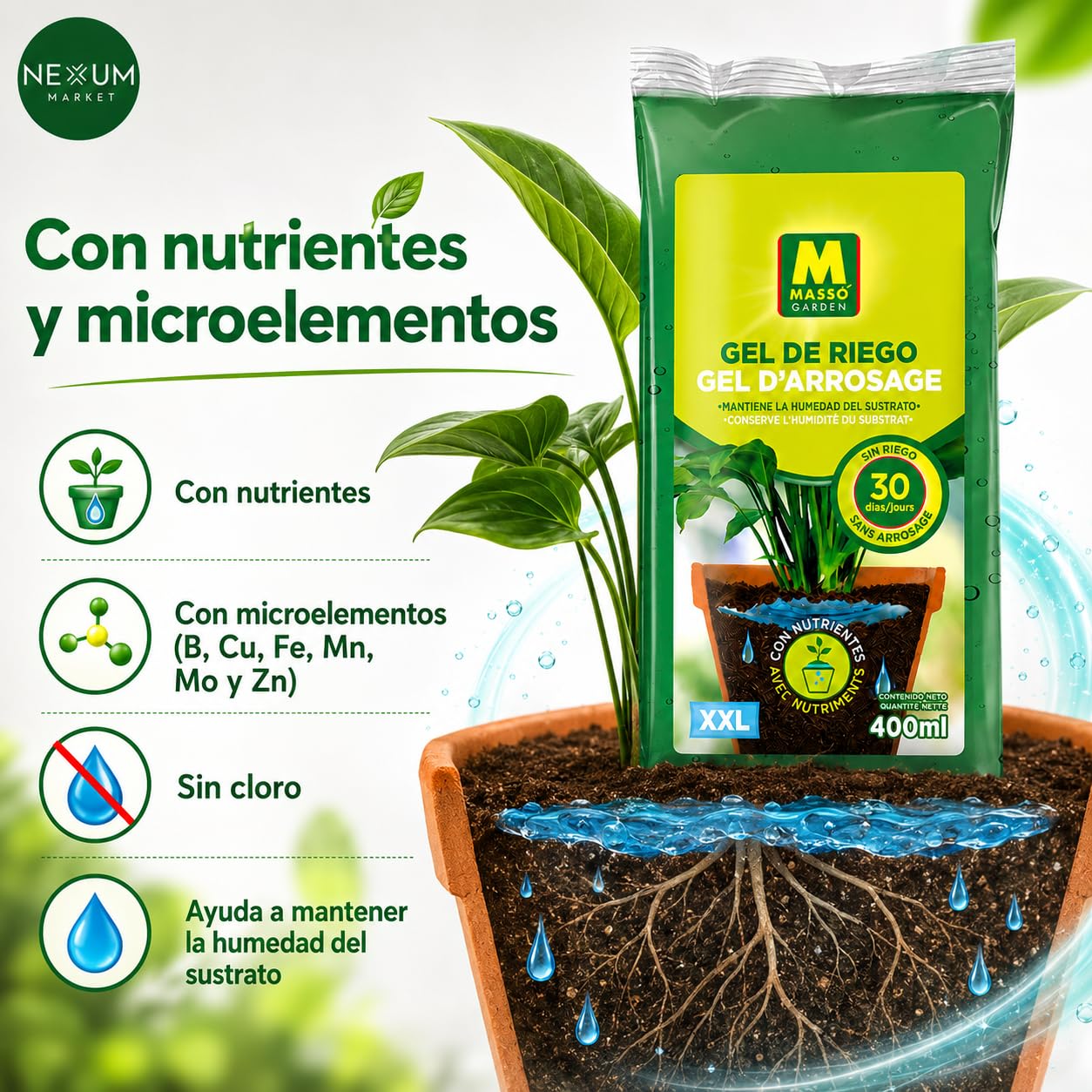Pack x5 Gel De Riego XXL 400 ml – Hidratación Para Plantas Hasta 30 Días, Agua Gelificada Con Nutrientes NPK y Micronutrientes, Ideal Para Macetas, Jardineras y Vacaciones | Nexum Market
