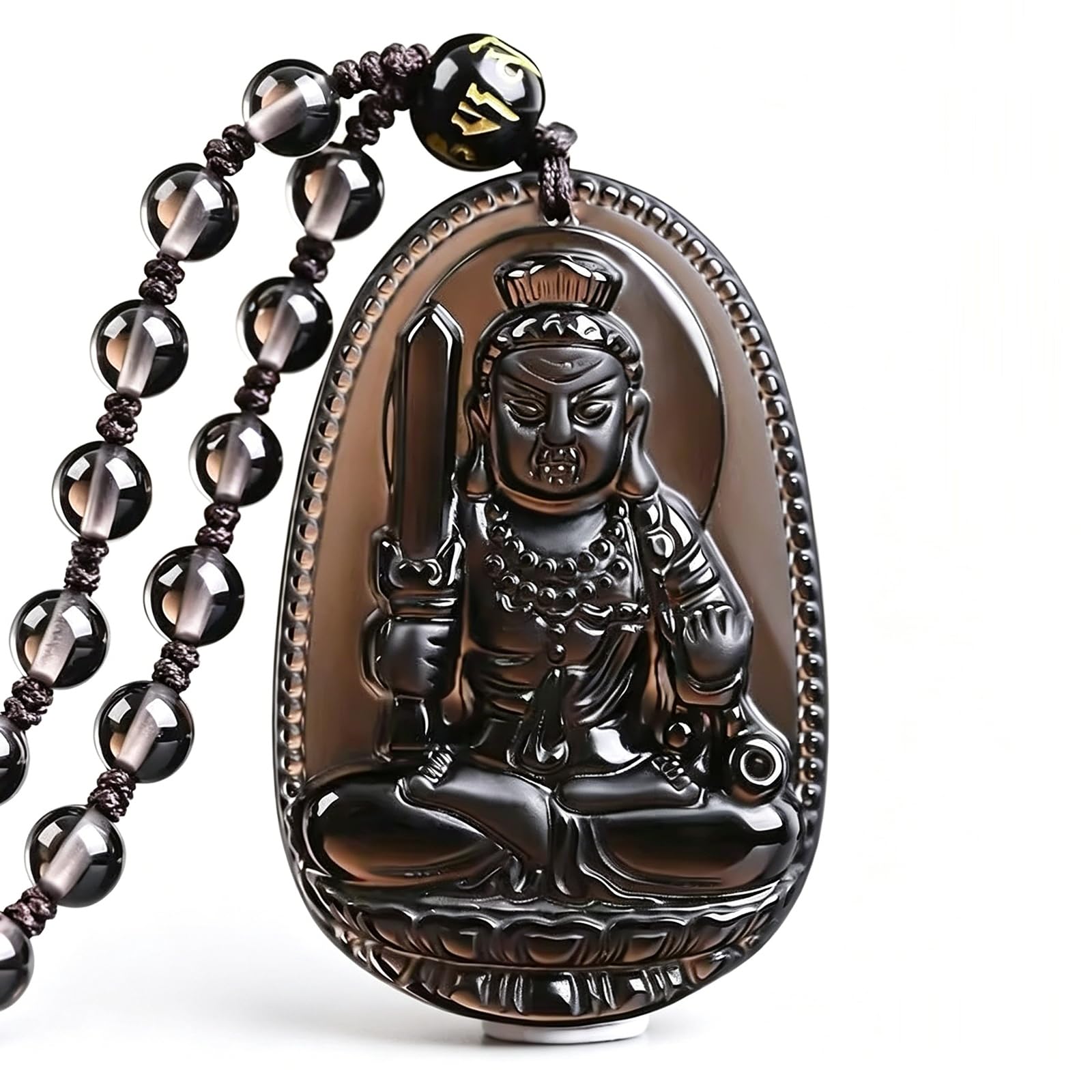 Phhxkkuo Black Obsidian Chinese Zodiac Guardian Buddha Pendant Necklace - Akasagarbha Samantabhadra Manjusri Bodhisattva Jewelry for Men Women Ben Ming Nian Gift,C,60 * 40 * 12mm