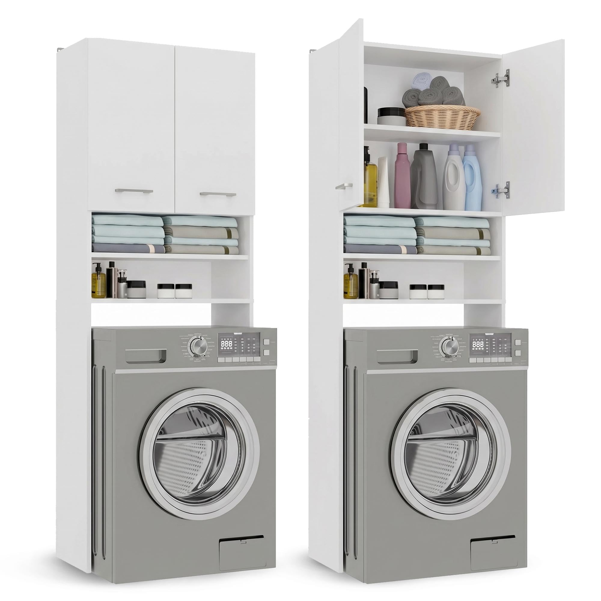 CDF Armadio per lavatrice | Colore: bianco | Scaffale moderno da bagno | Palo portaoggetti | capienti | Facile installazione | Lati lisci senza tappi