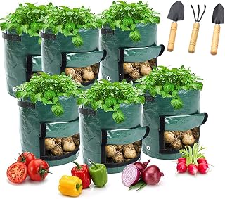 6 Pack 10 Gallon Grow Bags,Potatoes Grow Bags, PE Durable Aeration Pots Gardening Plant Growing Bags with Handles for Potato Tomato Carrot & Vegetable Planter Container - Extra Planting Tools
