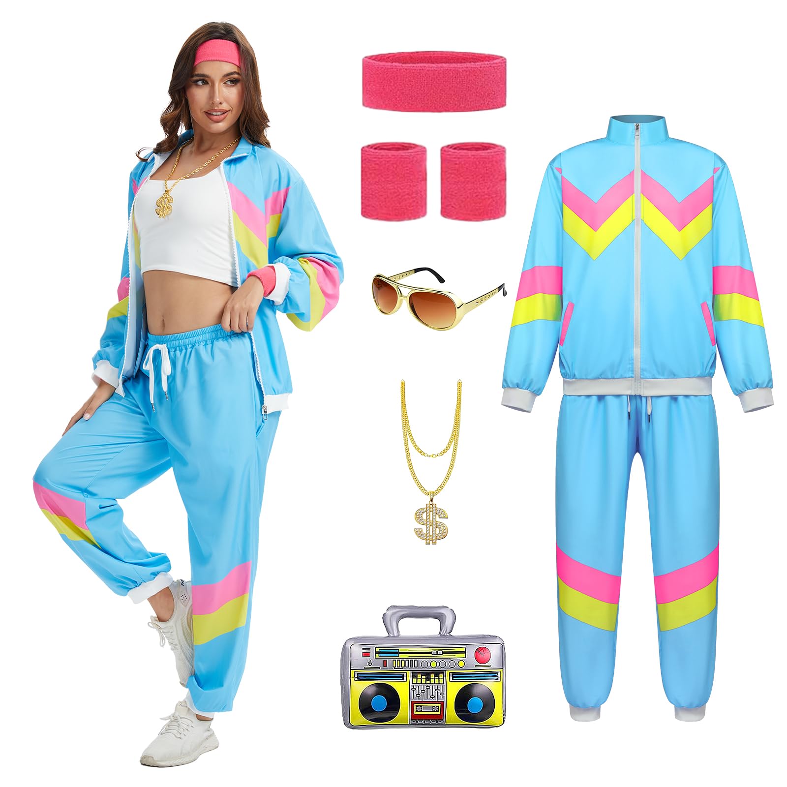 YRTBGD 80s 90s Fancy Dress for Women,80's Outfits Costumes with Accessories for Halloween Carnival Party (Blue, M)