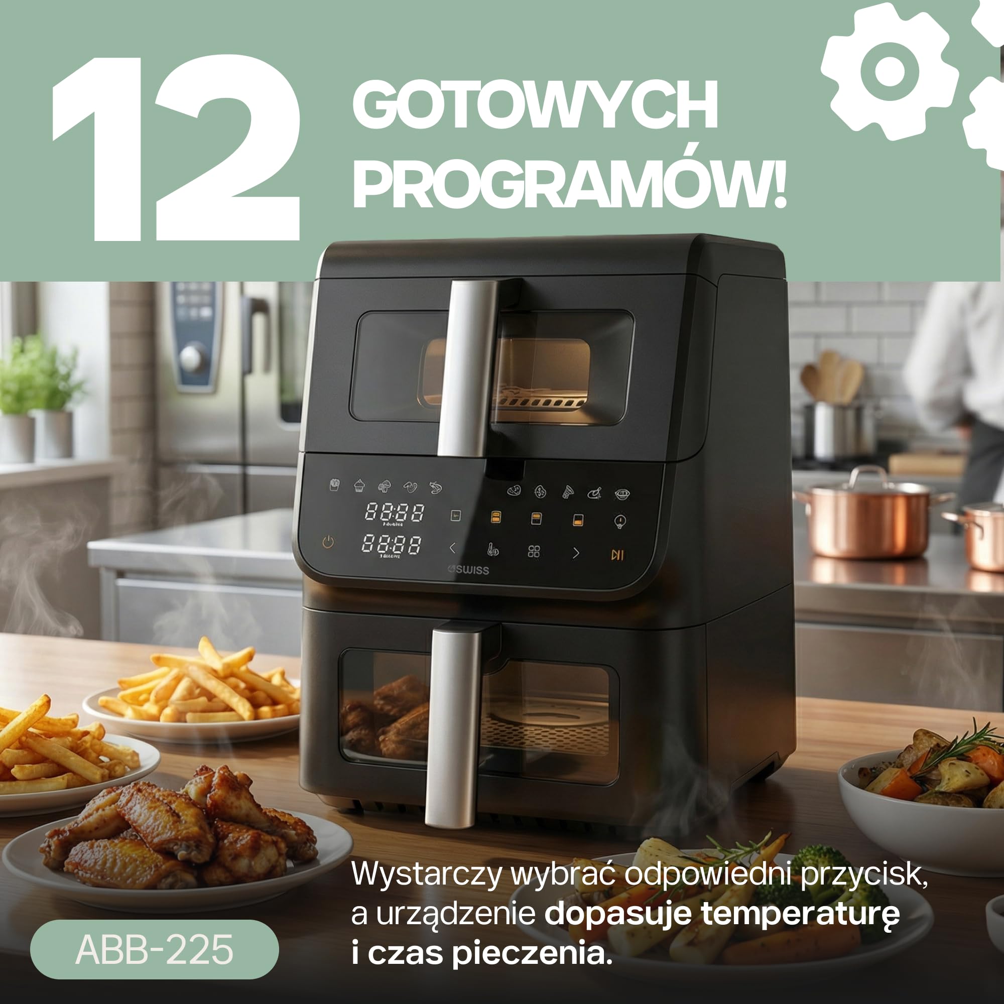 4Swiss Frytkownica Beztłuszczowa Air Fryer Dwukomorowa na Gorące Powietrze Airfryer Pionowy XXL Duża Pojemność do Pieczenia Mięsa Frytek Warzyw Ryb Oszczędzający Miejsce Łatwe Czyszczenie - ABB-225