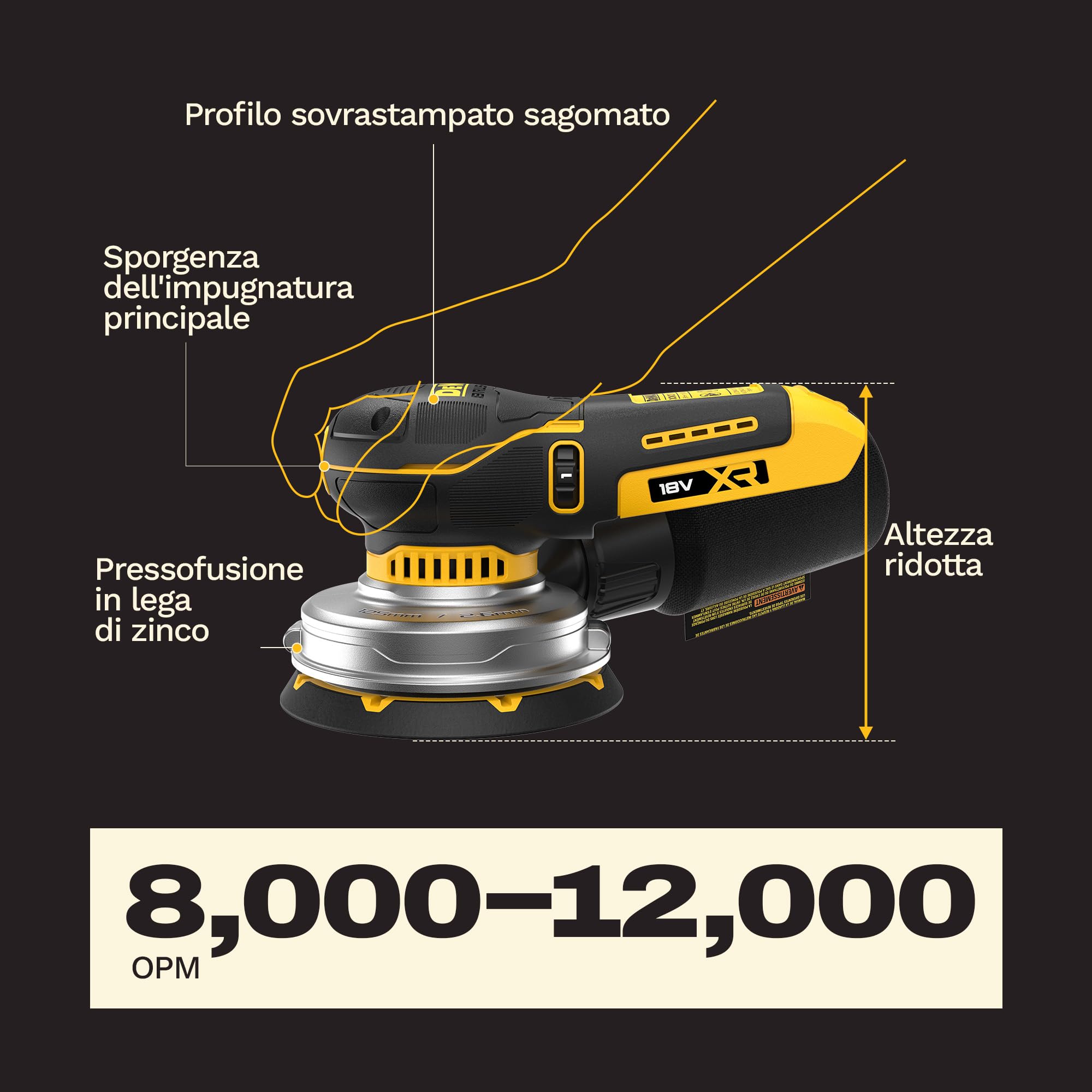 DEWALT Levigatrice roto-orbitale 18V XR BL 125mm con borsa morbida e 1 confezione di dischi abrasivi, DCW211KN-XJ