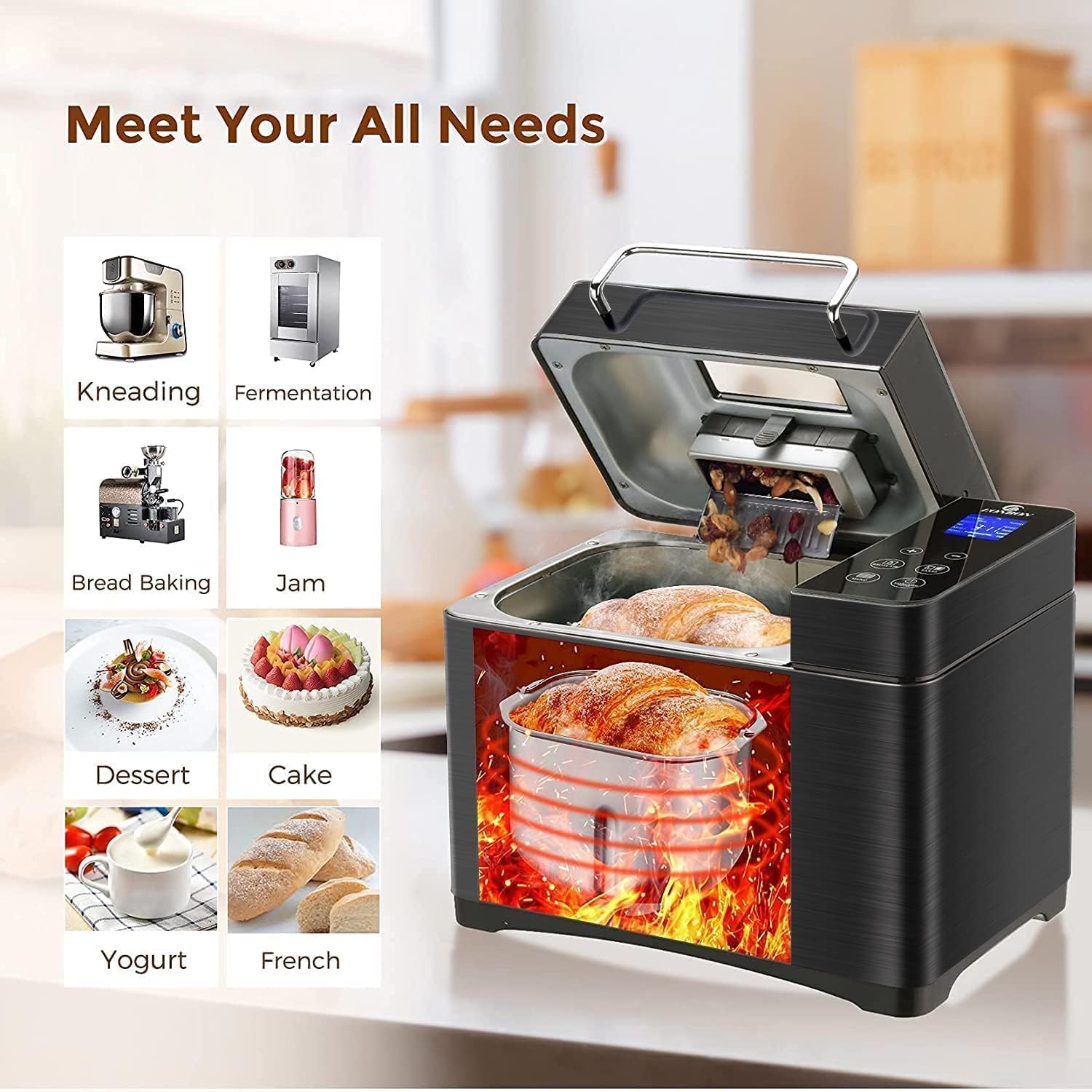 EONBON Macchina per il pane in acciaio inossidabile 17in1 Doppio riscaldatore, 710 W 2 libbre grandi macchine per il pane senza glutine, macchina per impasti, marmellata, yogurt PROG, dispenser
