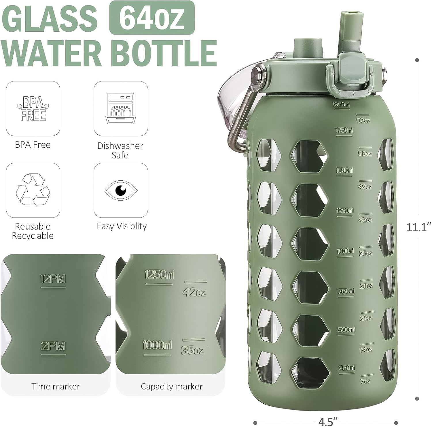 MUKOKO 64oz Glass Water Bottles with Straw and Lid,Half Gallon Water Bottle with Time Marker,Large Glass Water Jug with Silicone Sleeve and Stainless Steel Handle-Olive - Image 3