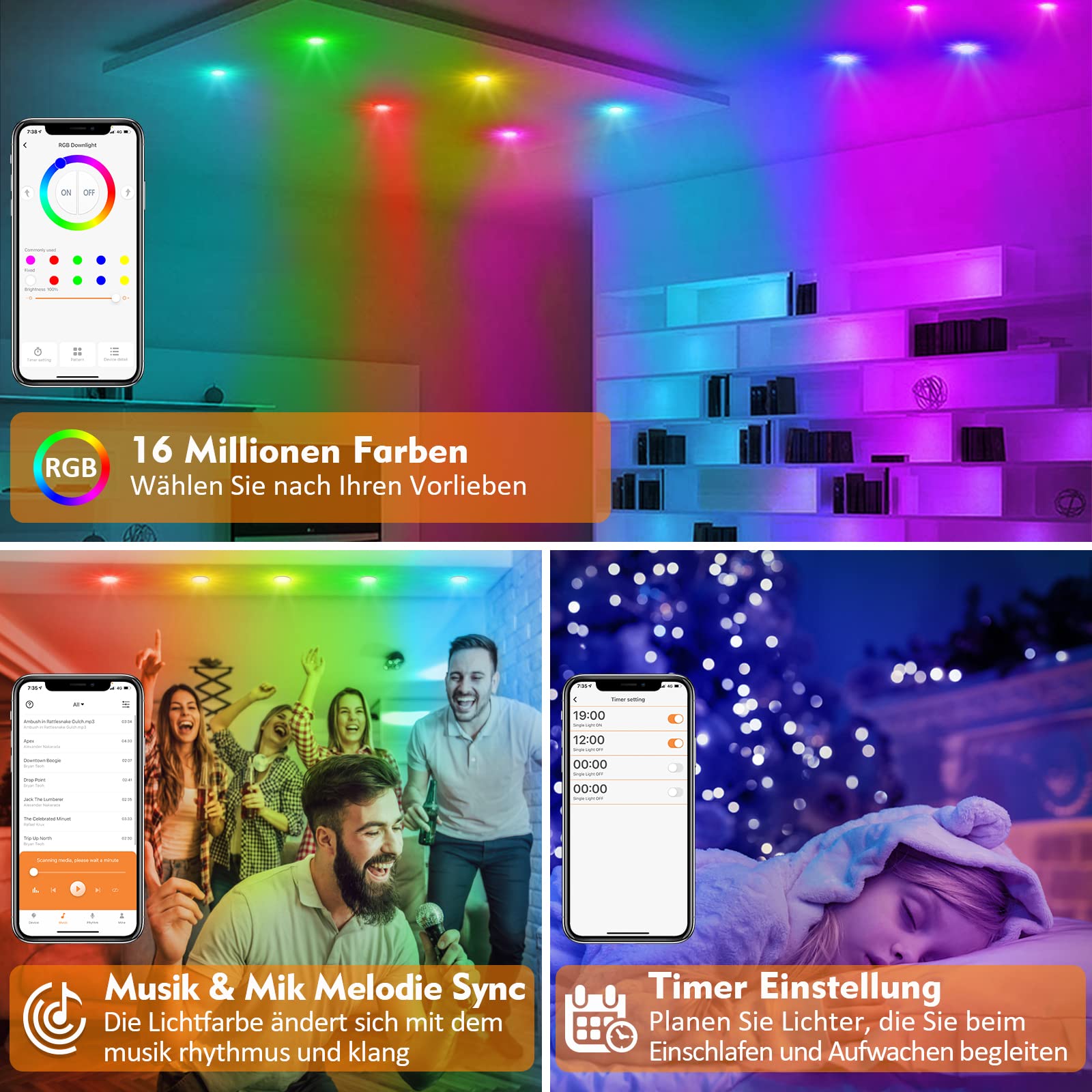 Unisun - Foco LED empotrable regulable RGB color 7 W empotrado, lámpara de techo plano redondo, 2700 K, 220 V, blanco cálido, IP44, impermeable, mini foco de techo, interior, cuarto de baño, cocina