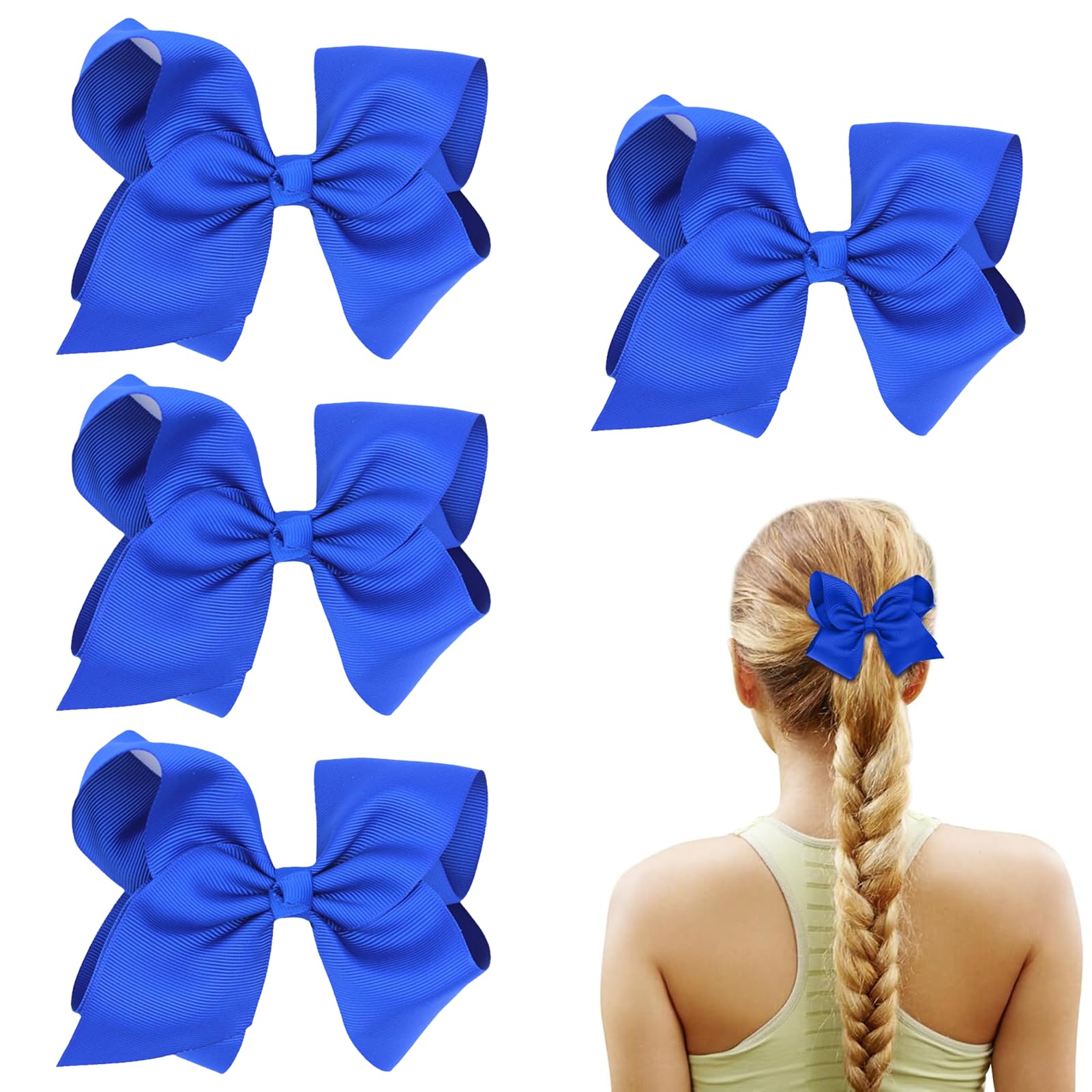 4 Pcs Royal Blue Hair Bows For Girls Women Blue Bow Hair Clip French Solid Color Bowknot Soft Satin Silky Hairpin Bows Simple Hair Fastener Accessories Ponytail Holders for Toddler Teens Girls