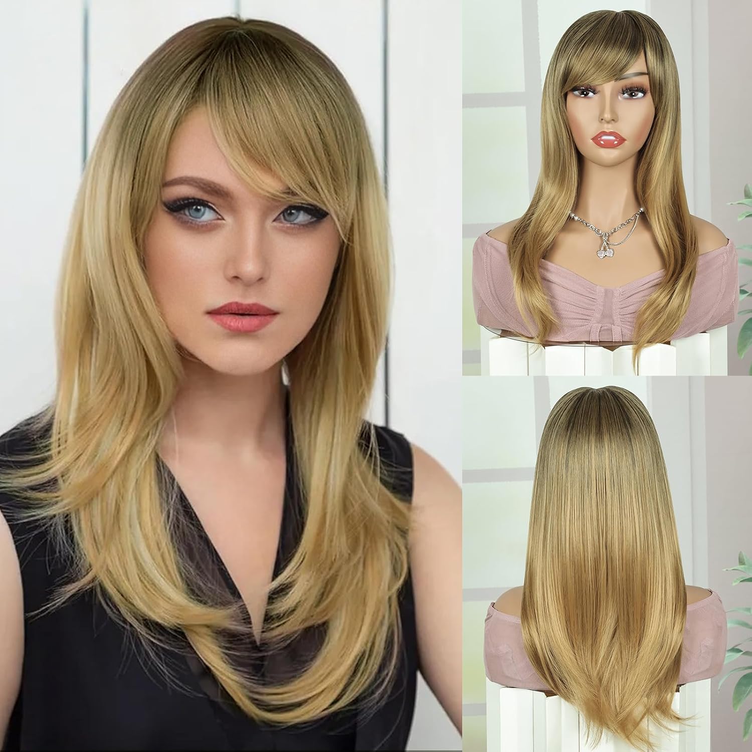 Creamily Long Wavy Blonde Wig with Bangs Black Mixed Blonde Long Hair Full Head Wigs Cosplay for Women 20”