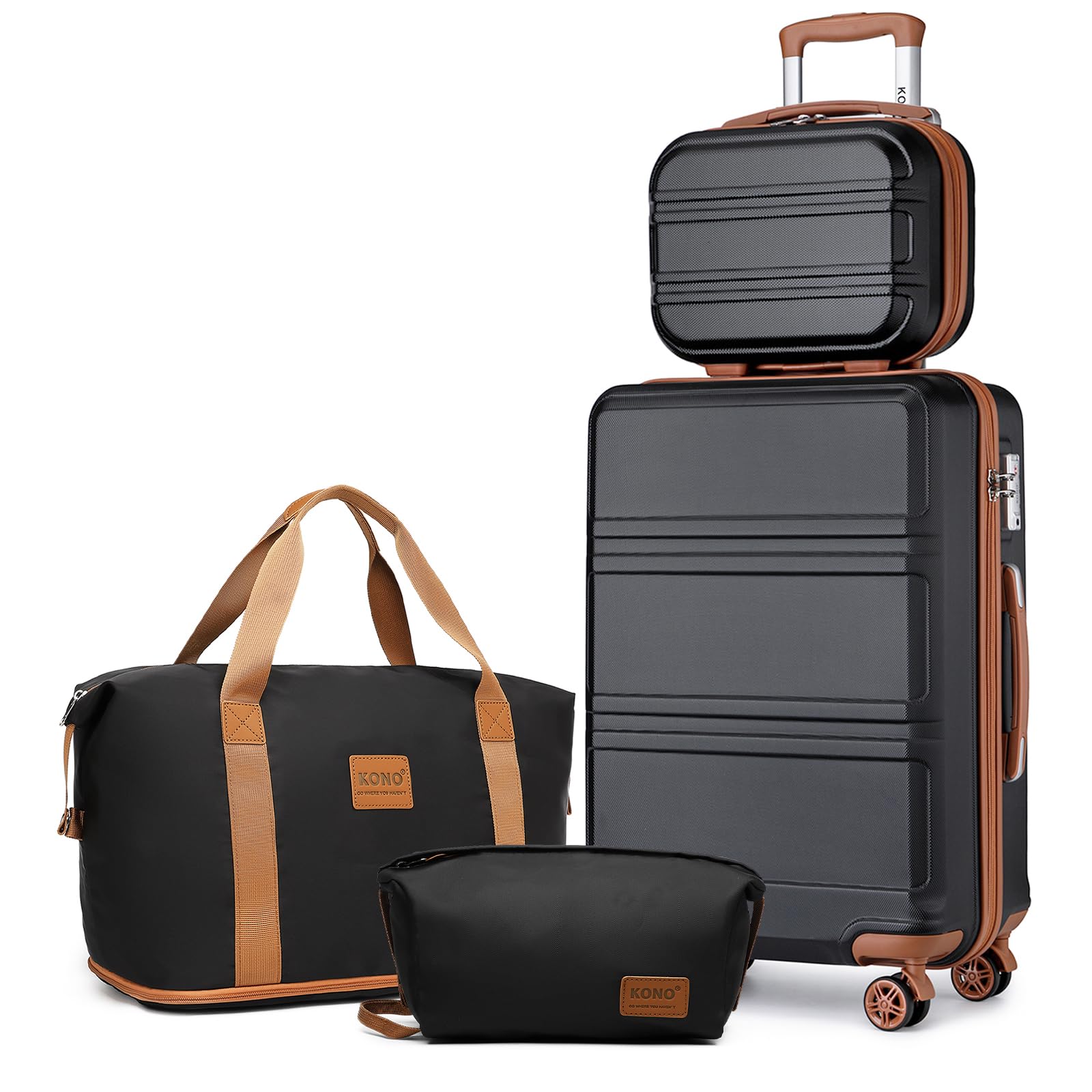 KONO Set di Valigie Trolley Rigido Bagaglio a Mano con 4 Ruote e Borsa da Toilette + Borsone da Viaggio Espandibile Palestra e Borsa da toilette, Nero/Marrone