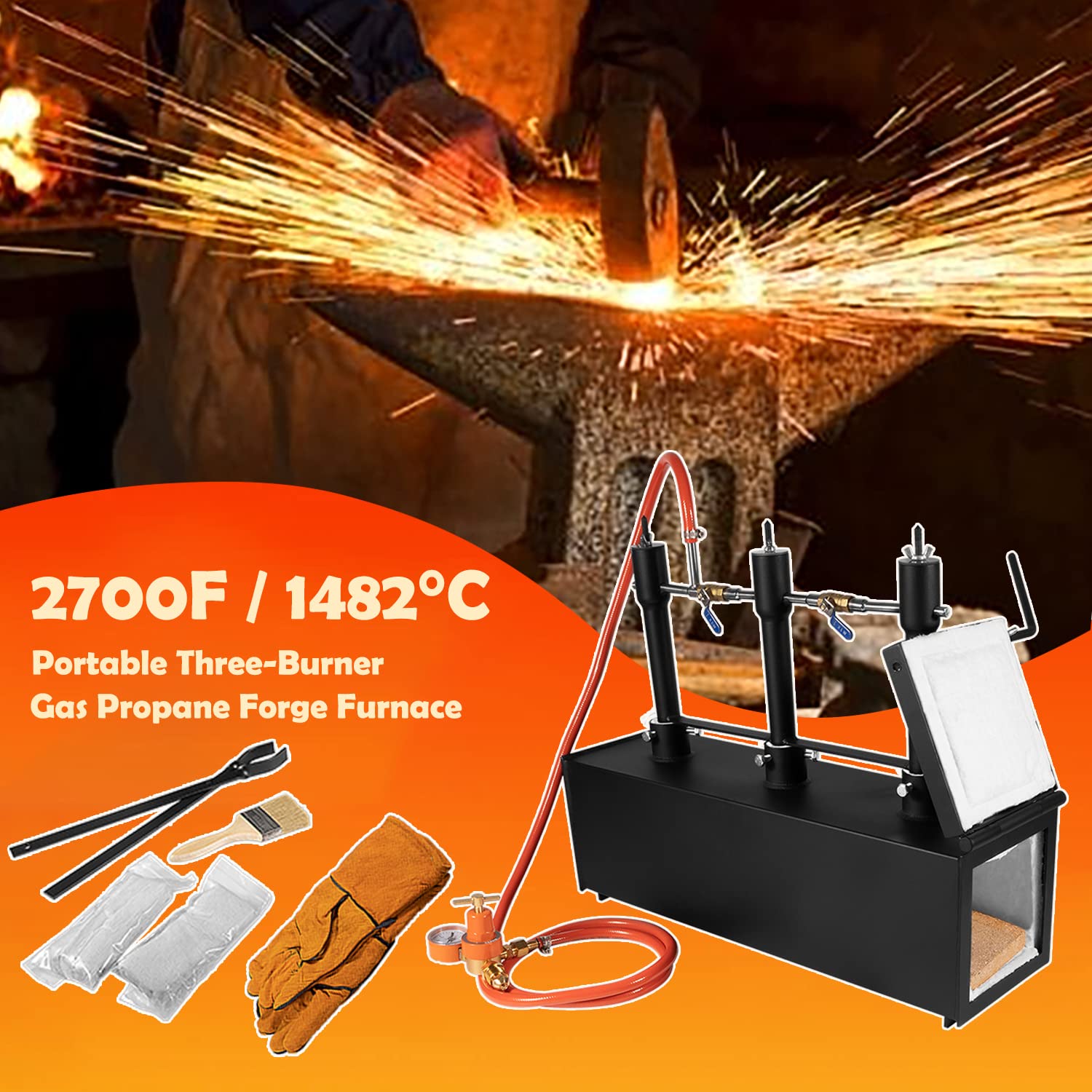 Forgia a Gas Propano Professionale 2 Bruciatori con Kit Attrezzi per Fabbro | Incudine 10 kg, Pinza, Martello, Morsa da Banco, Guanti | Loss