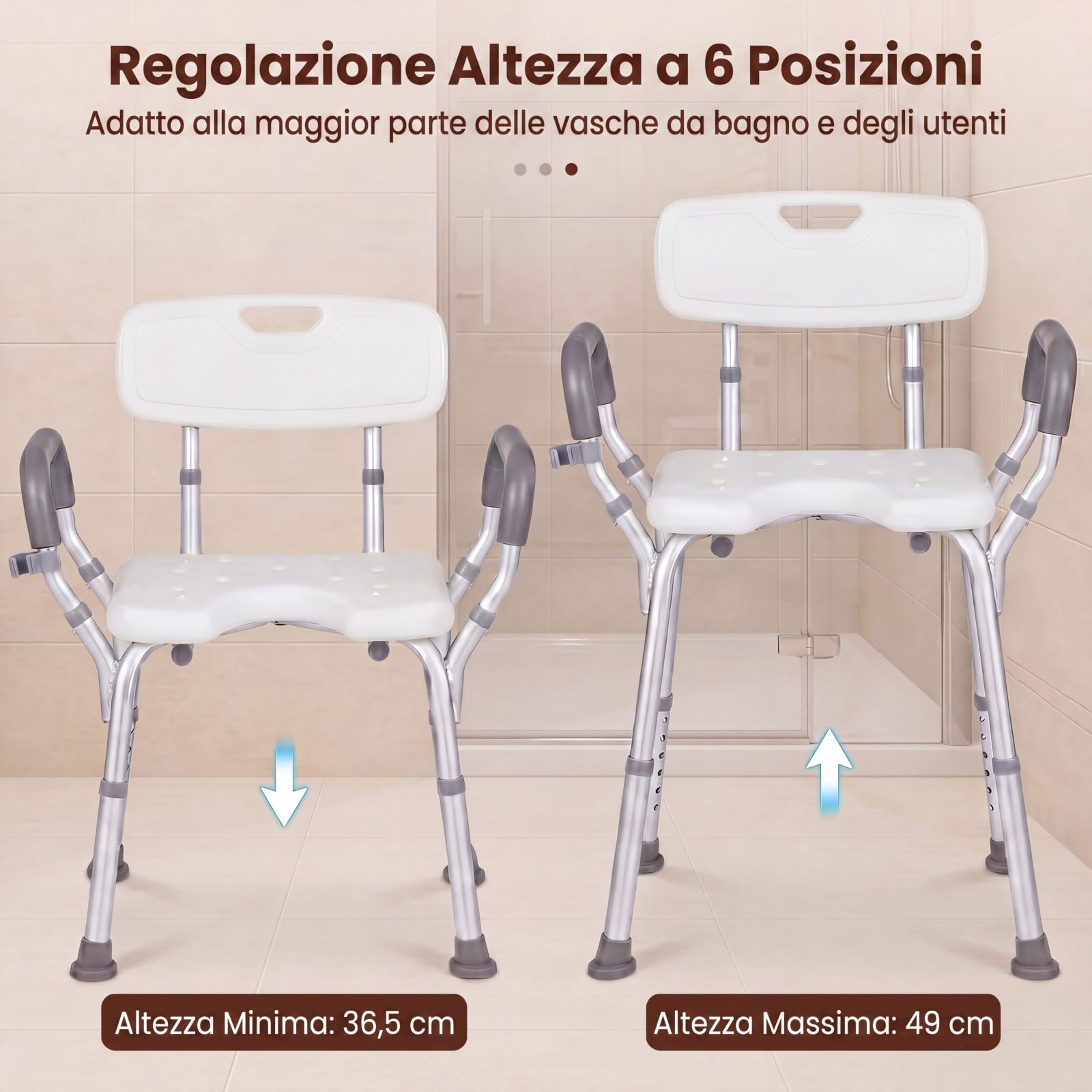 RELAX4LIFE Silla Ducha con Reposabrazos, Taburete Baño Ortopédico con 6 Alturas Ajustables, Soporte para Cabezal de Ducha, Marco de Alumnio, Asiento Antideslizante para Baño, Carga 136 kg