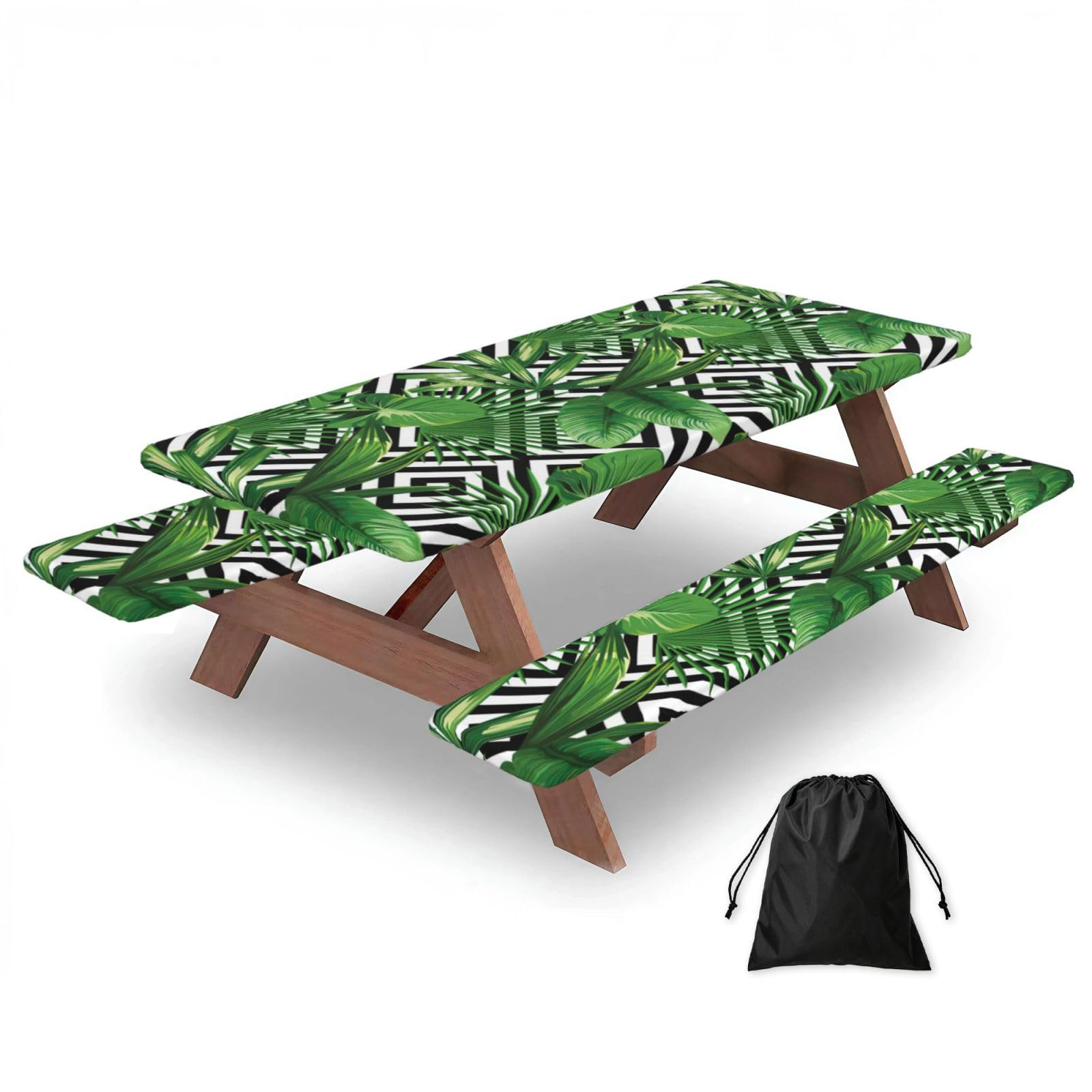 Zyjhyy Black Green Leaves Of Palm Tree Tropical Plant Print 3 Pack Wipeable Picnic Bench Cover And Table Cover Lightweight Table Cloth For Camping Outdoor