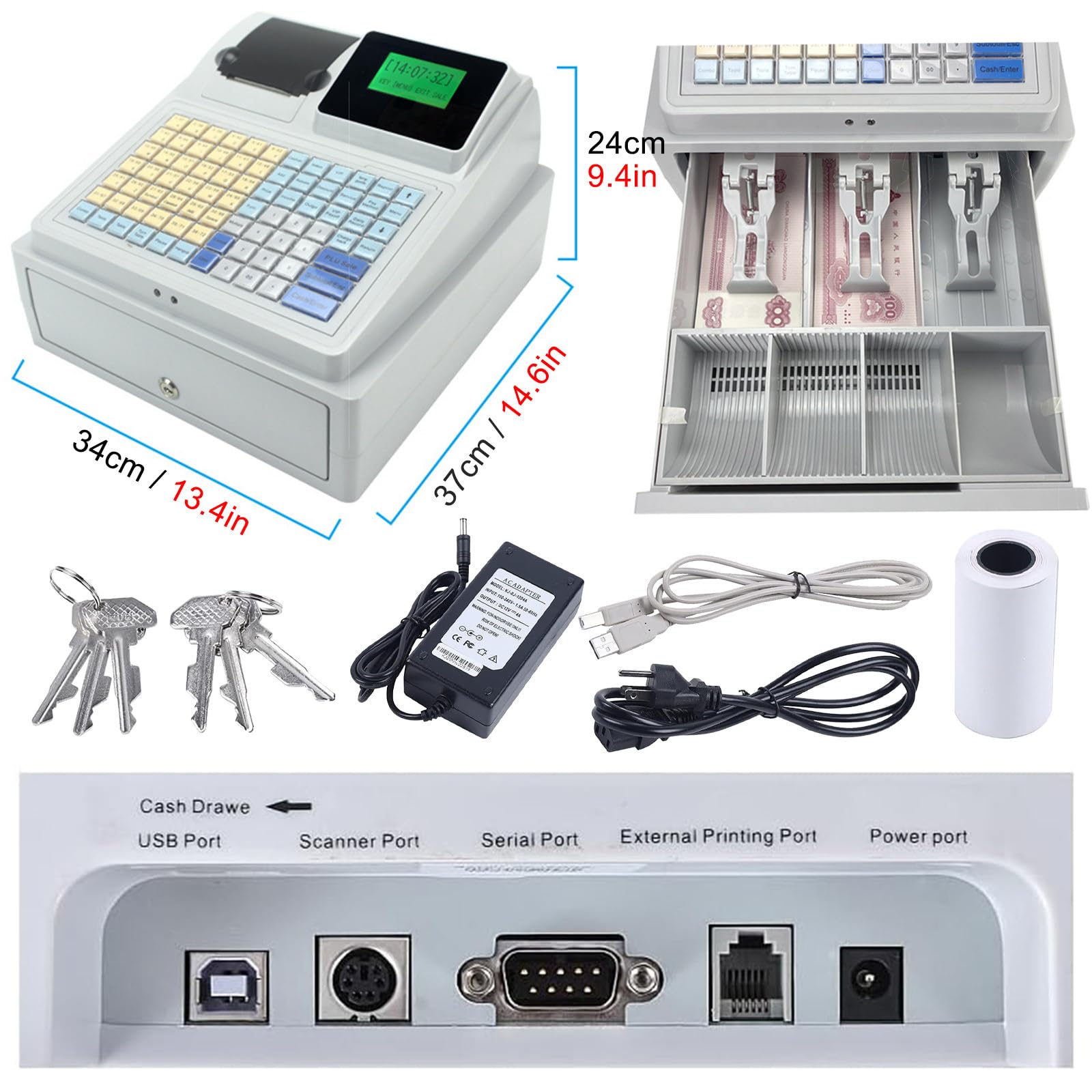 Elektronische Registrierkasse für den Einzelhandel, 81-Tasten-Multifunktions-Kasse, mit Thermodrucker und Schublade für kleine Unternehmen
