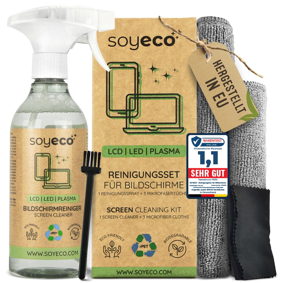 Chiffons Microfibre écran SOYECO ECO Kit De Nettoyage Pour écran 500 Ml Avec 2 Chiffons Nettoyant écran Tv Téléphone Ordinateur
