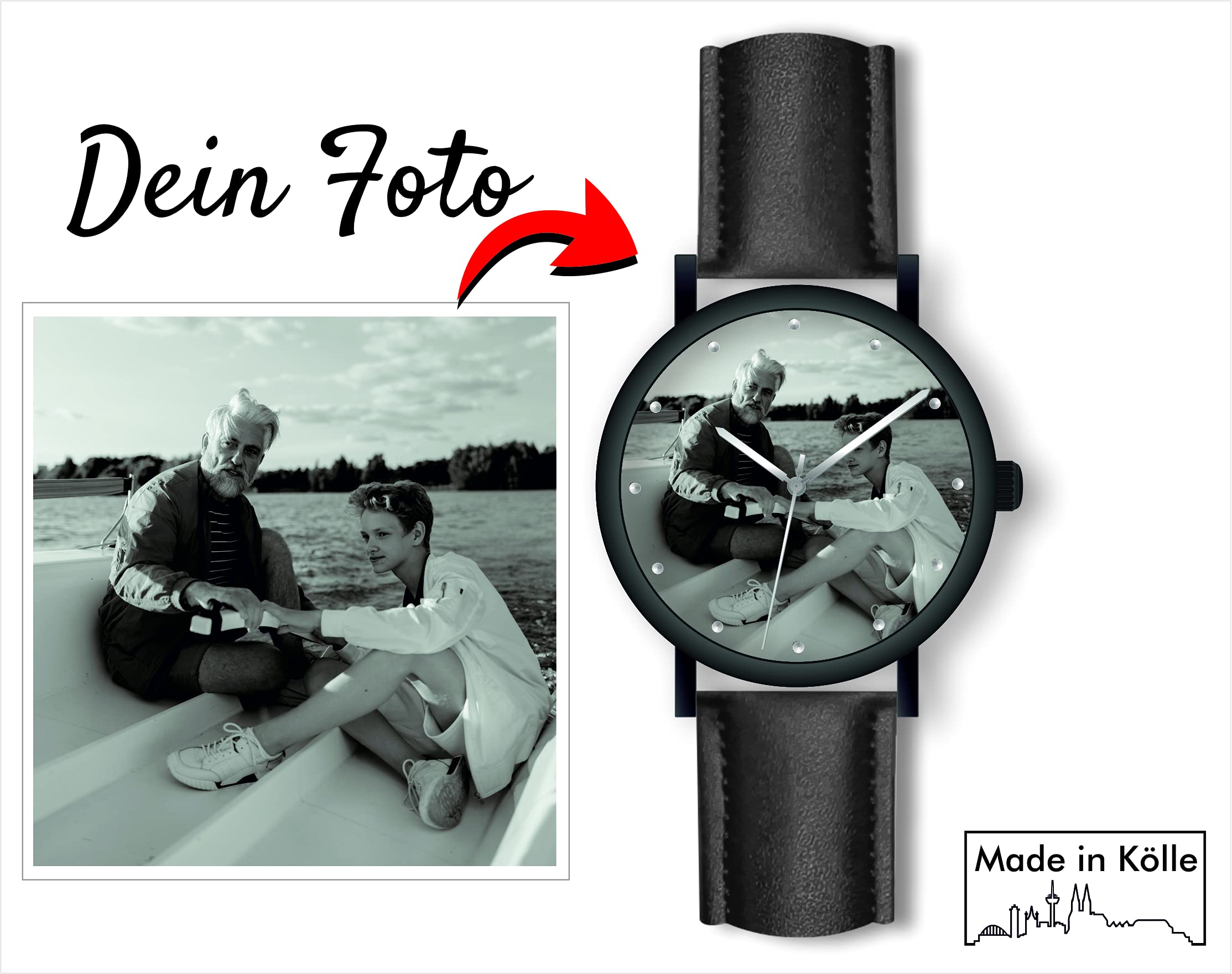 Uhr mit Foto personalisiertes Geschenk 40mm Lederband schwarz 3BAR Wasserdicht