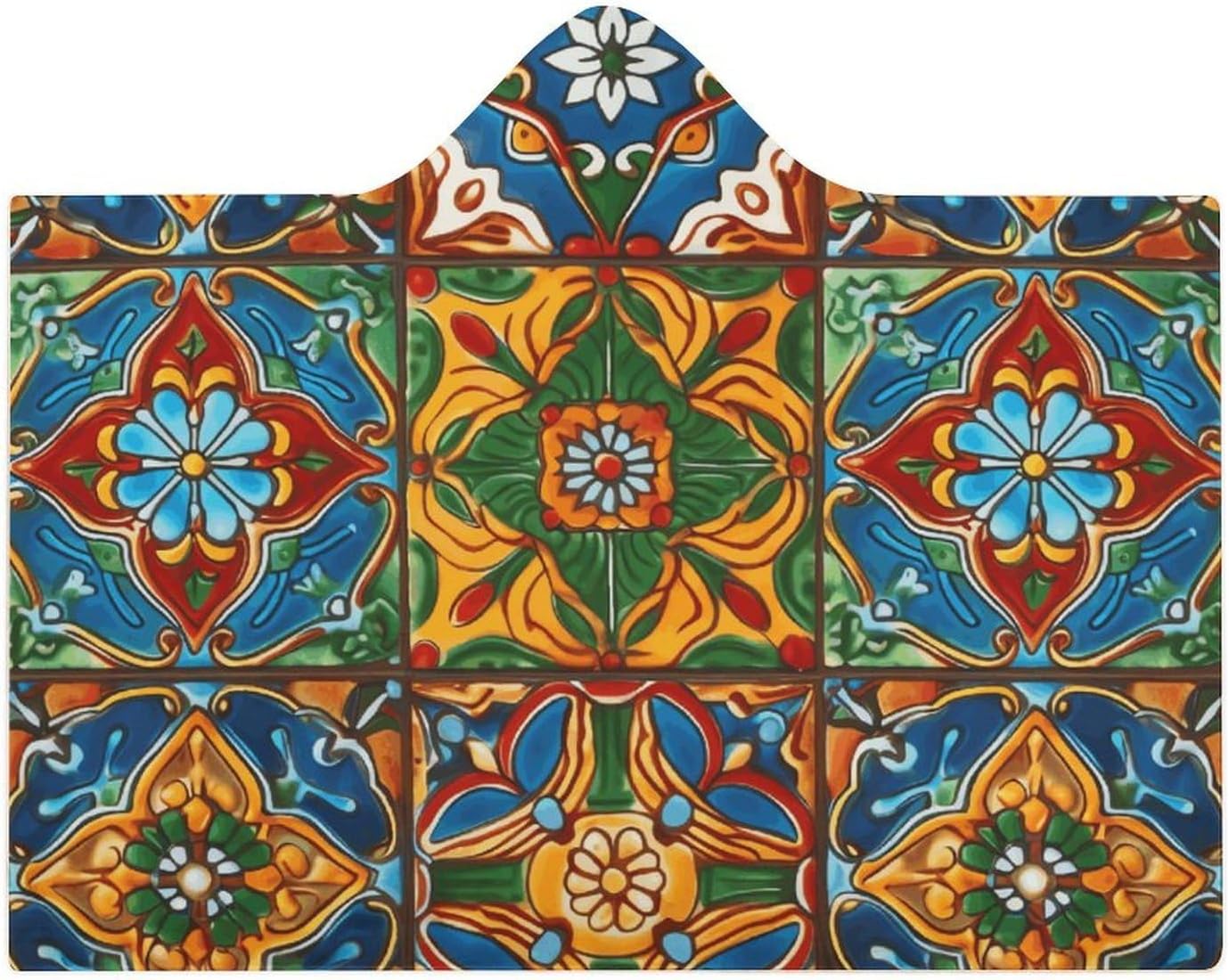 Mexican Ceramic Tile Wearable Hooded Blanket, Ultra Soft Arctic Velvet Cape Cloak Unisex - Cozy Wearable Blanket
