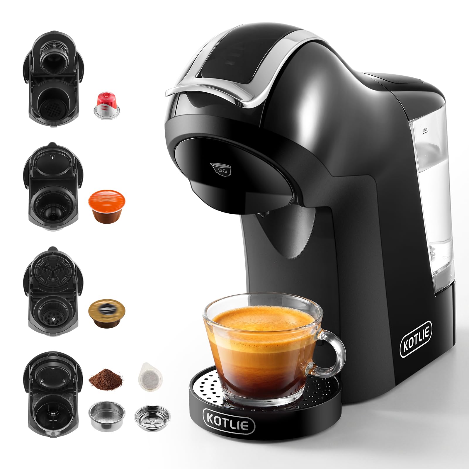 Macchina da caffè a capsule, per Nespresso, per Dolce Gusto, capsule A Modo Mio, caffè in polvere (44 mm) e caffè macinato, con volume e temperatura dell'acqua regolabili (EM-308B)